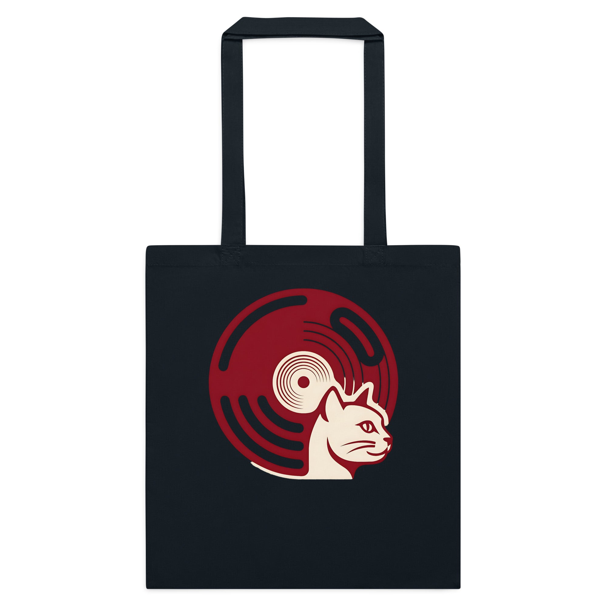 French navy cotton tote bag with retro vinyl and cat graphic on front