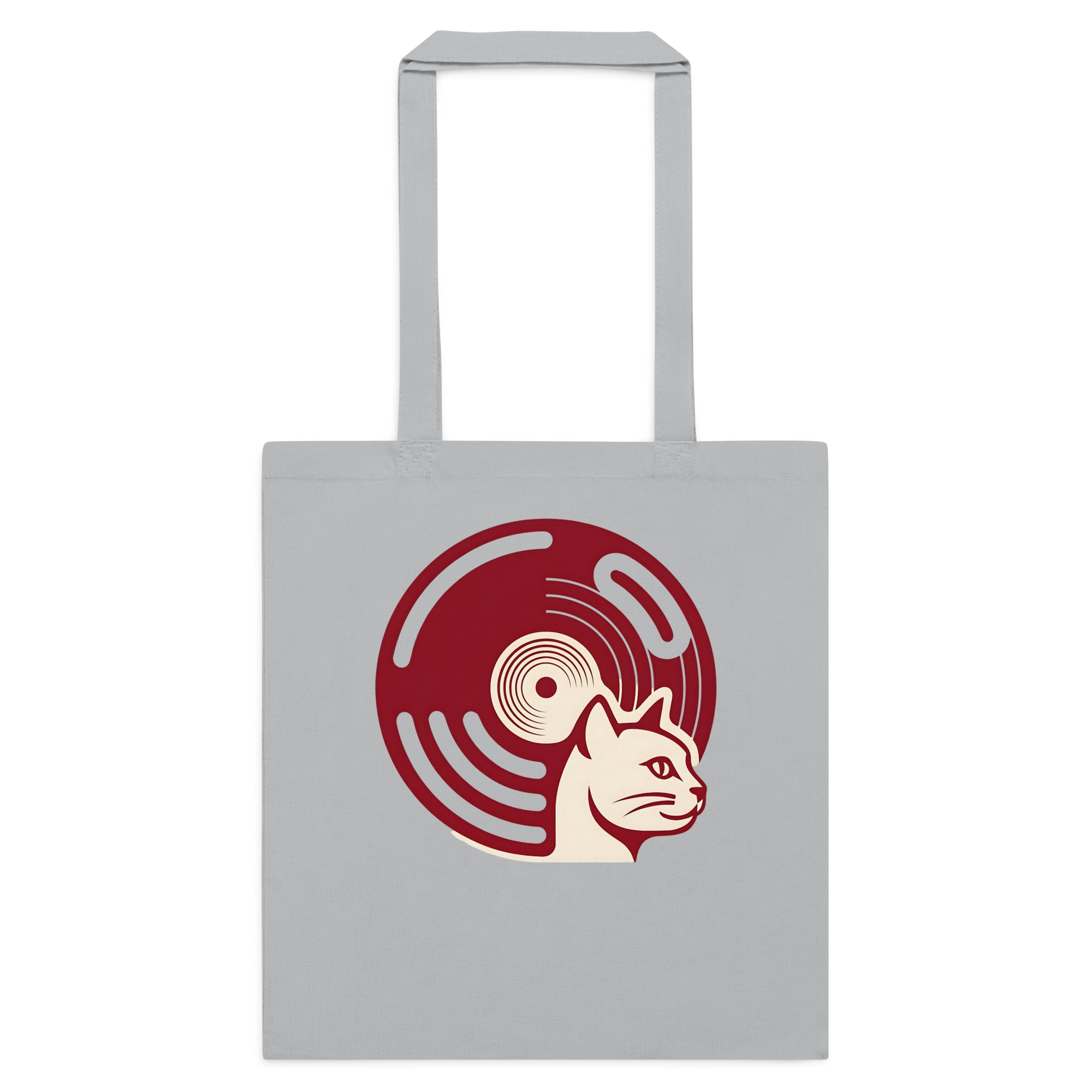 Gray cotton tote bag with retro vinyl and cat graphic on front