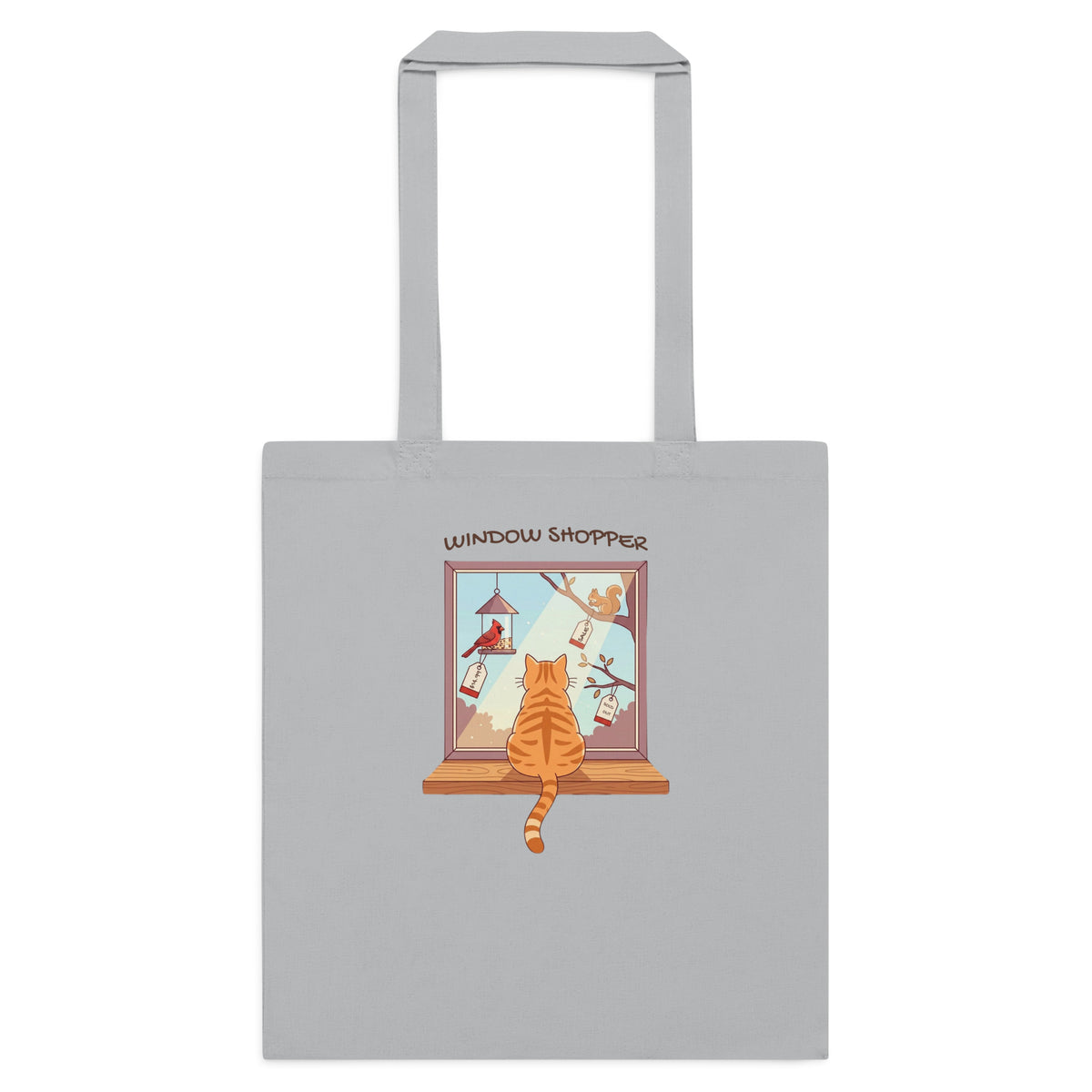Light grey cotton tote with Window Shopper tabby cat watching birds from a windowsill