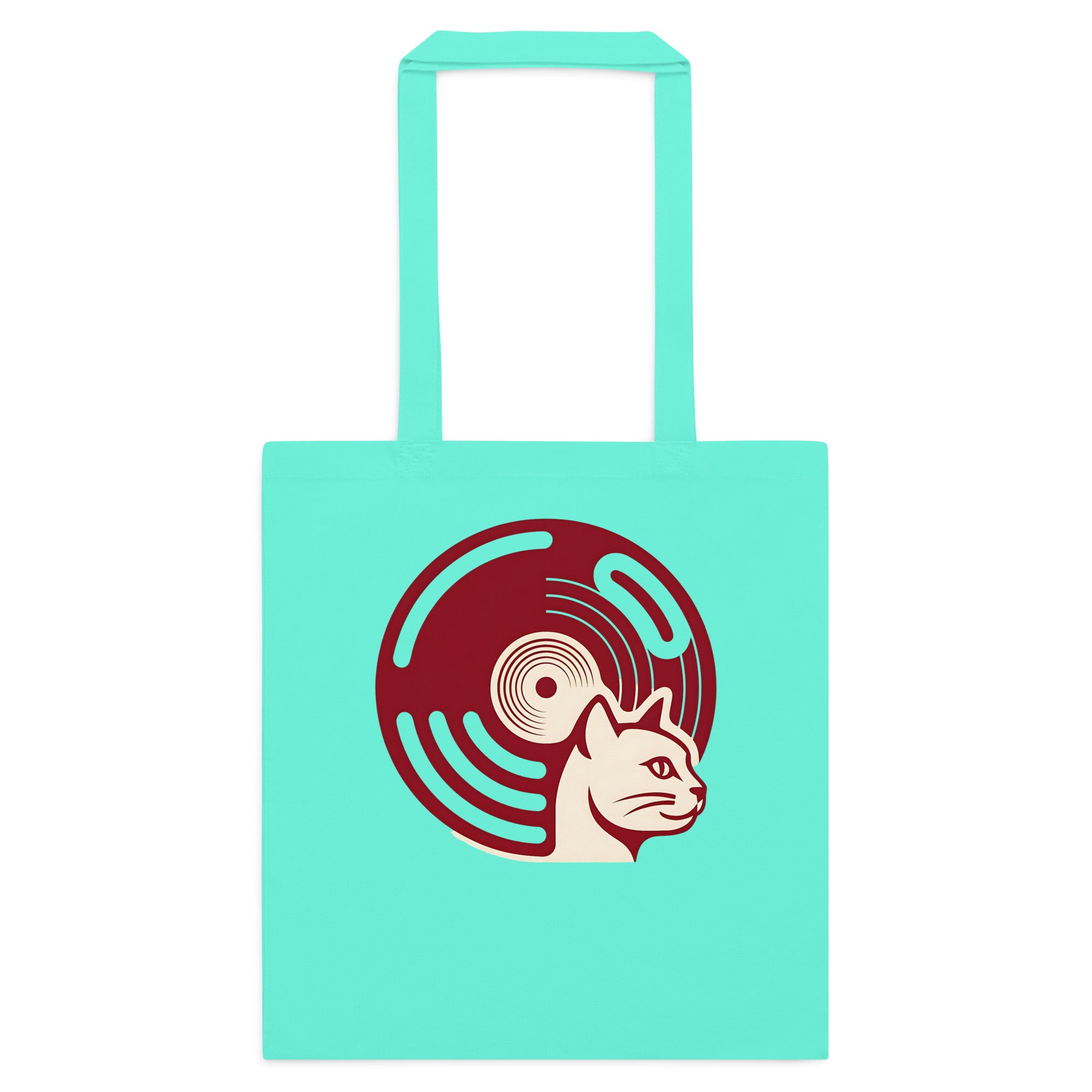 Teal cotton tote bag with retro vinyl and cat graphic on front