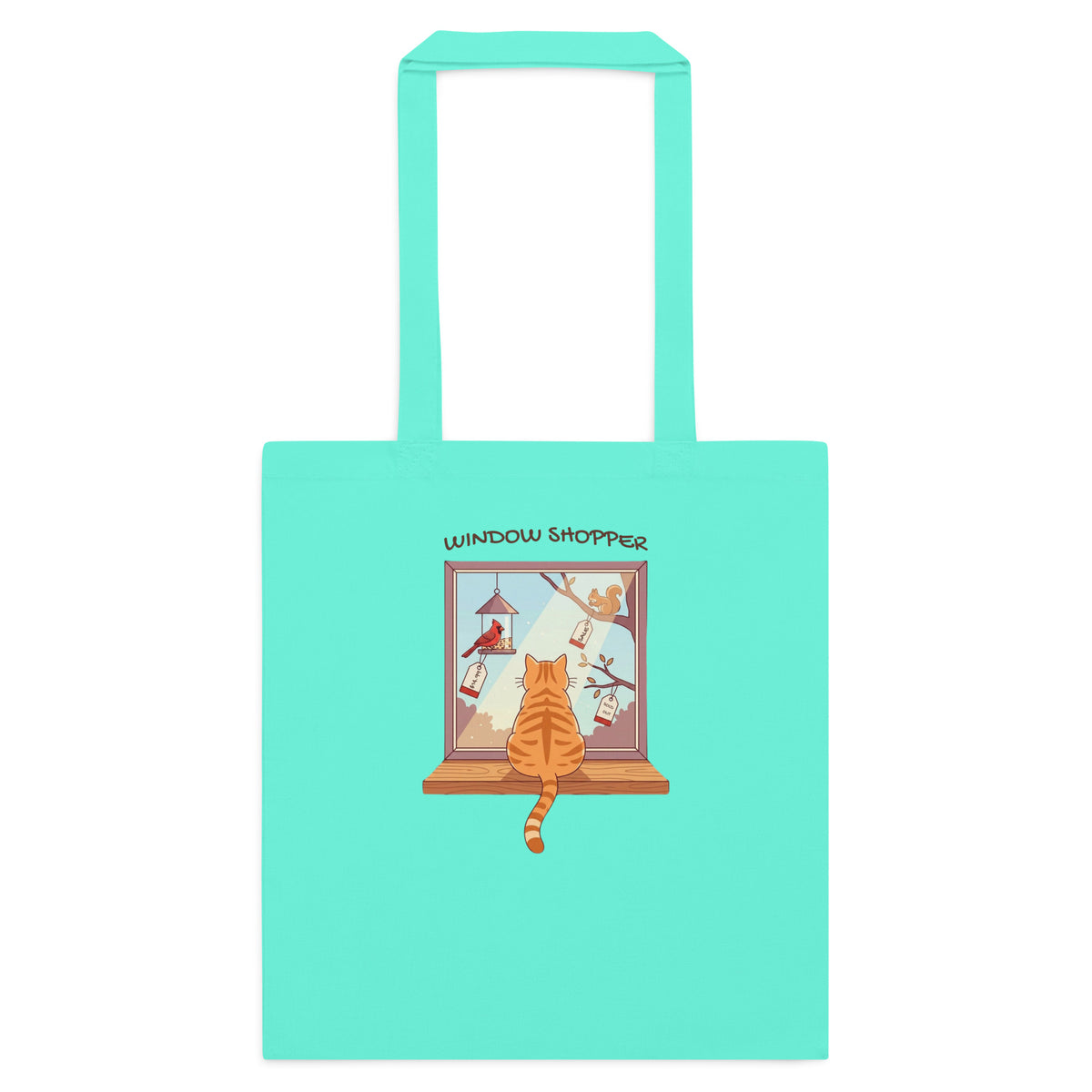 Mint cotton tote with Window Shopper tabby cat watching birds from a windowsill