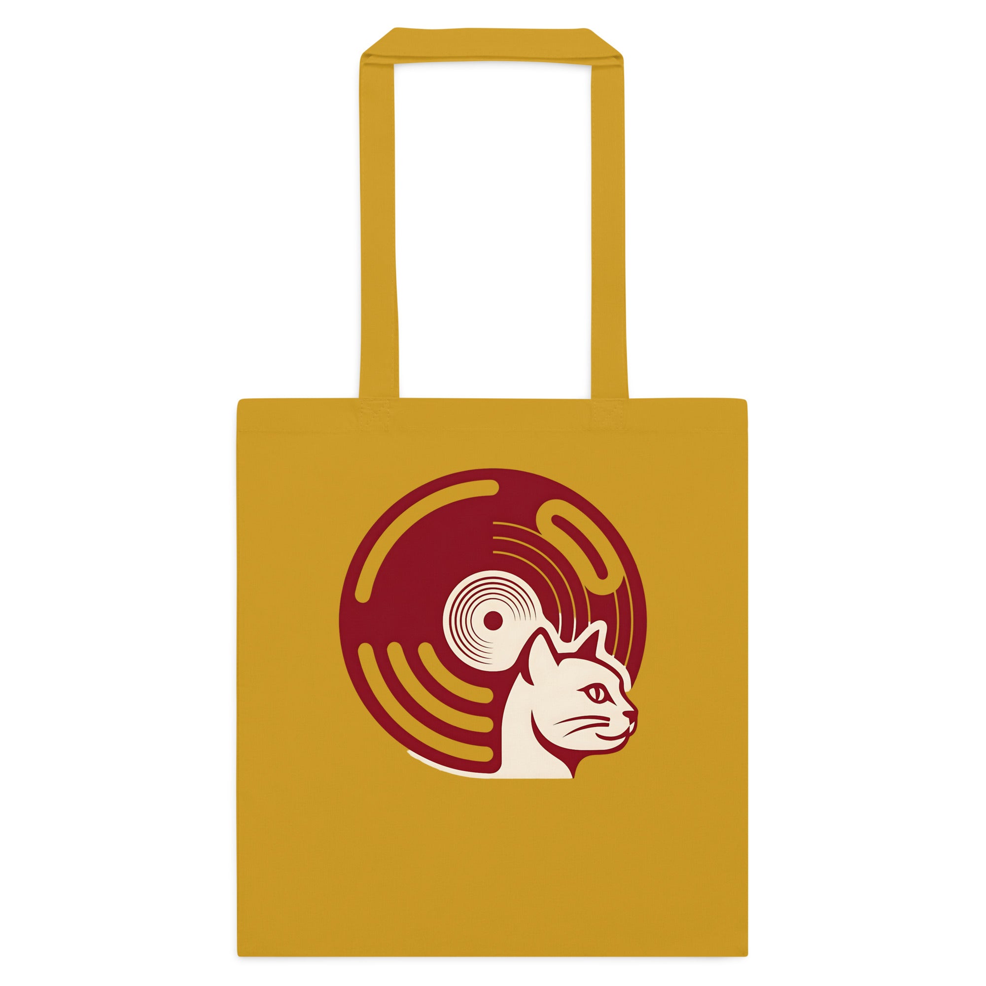 Mustard cotton tote bag with retro vinyl and cat graphic on front