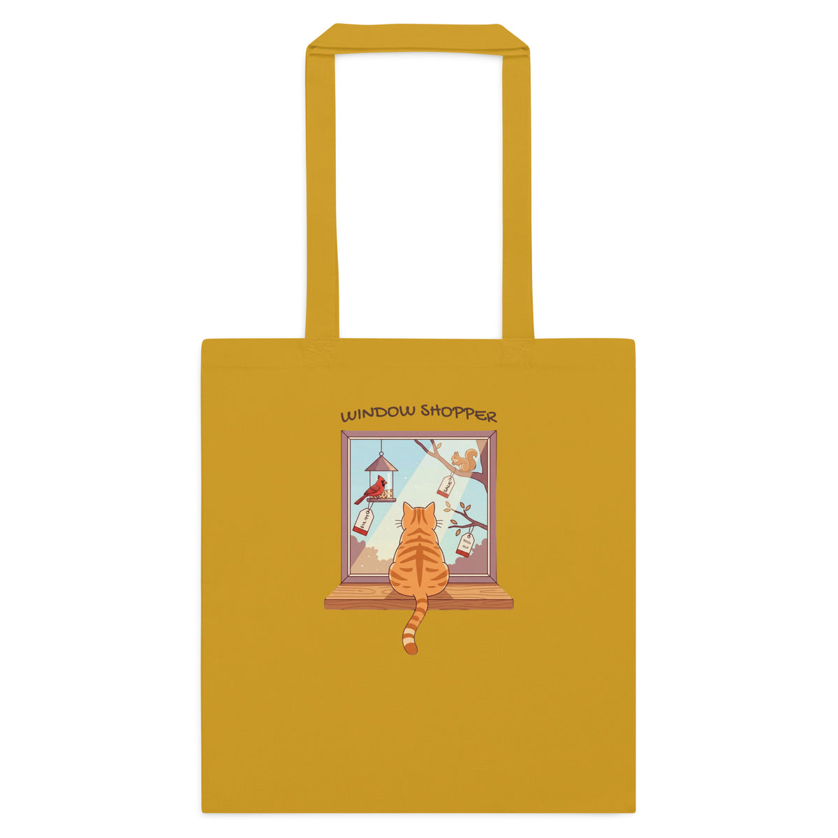 Mustard cotton tote with Window Shopper tabby cat watching birds from a windowsill