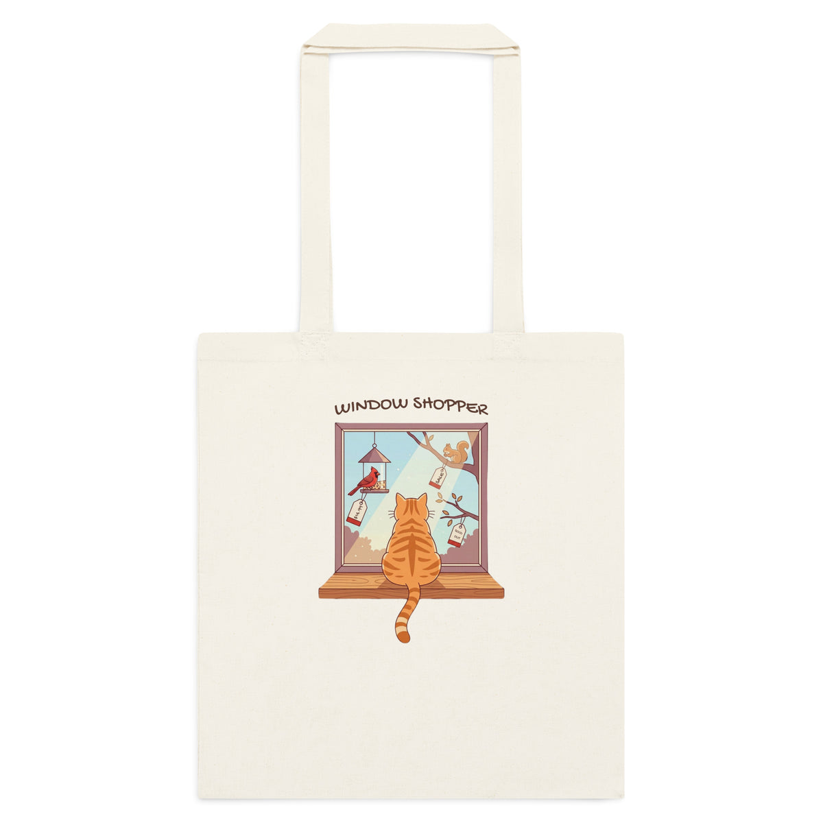Natural cotton tote with Window Shopper tabby cat watching birds from a windowsill