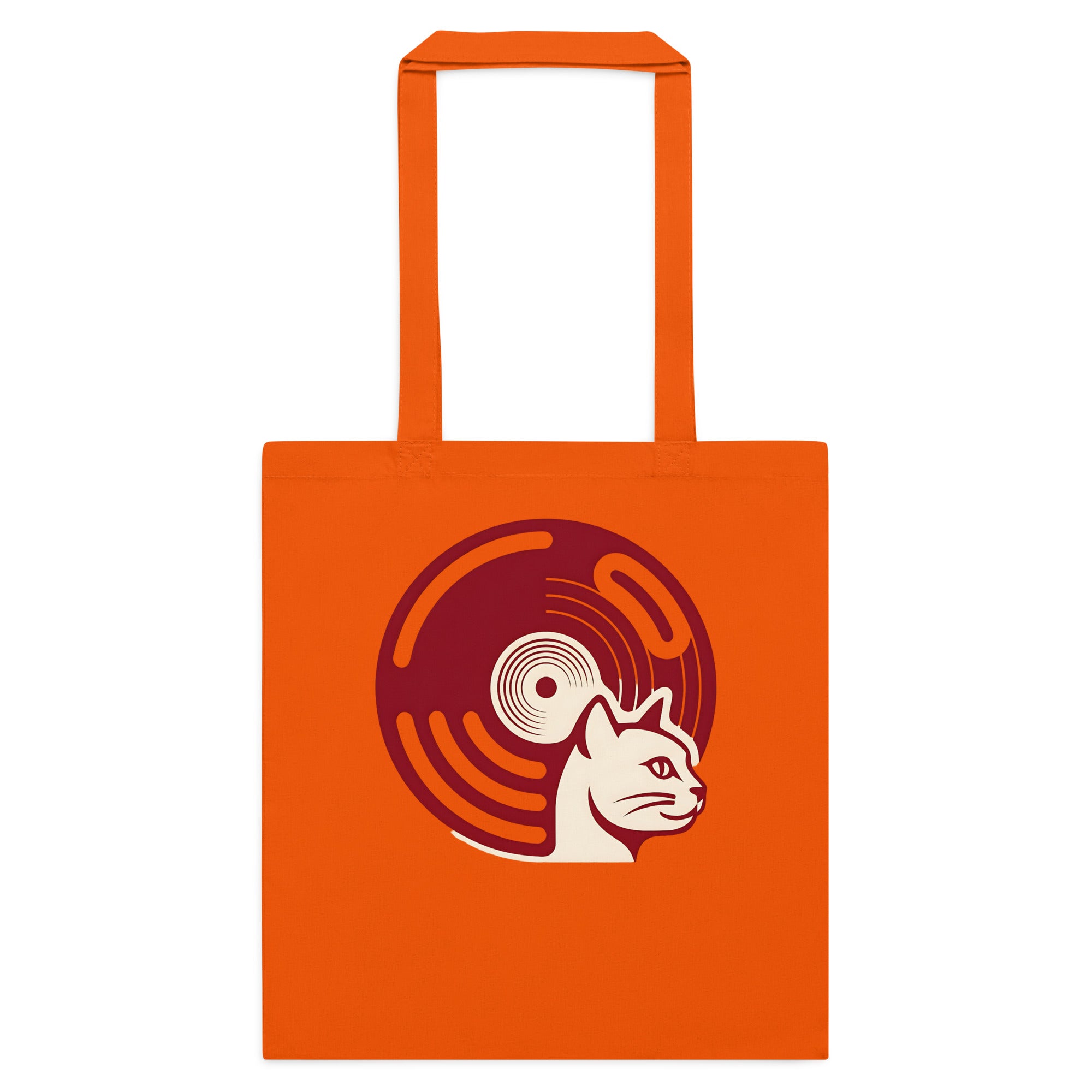 Orange cotton tote bag with retro vinyl and cat graphic on front