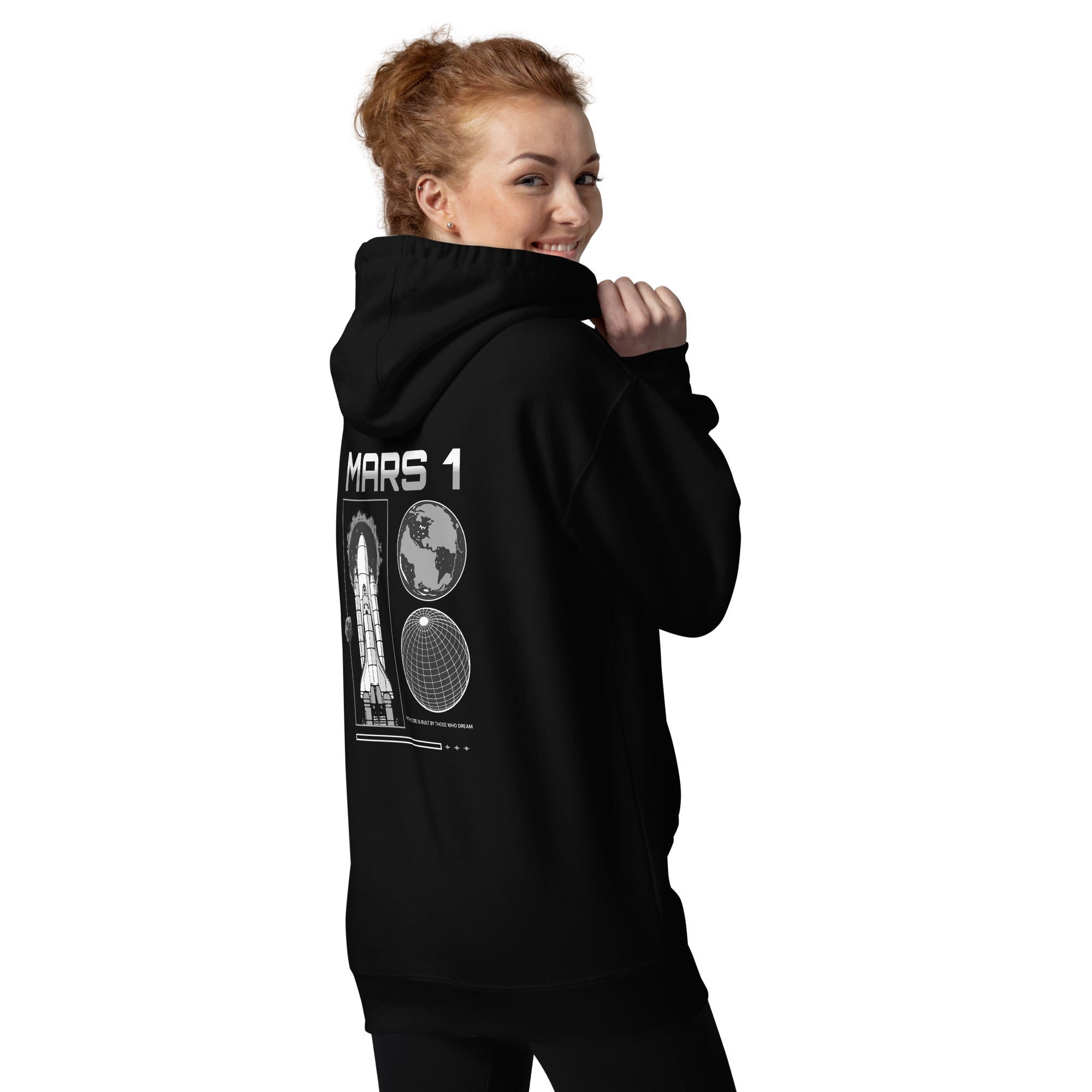  Model wearing a black hoodie with 'MARS 1' text above space shuttle and planet graphic on the back.
