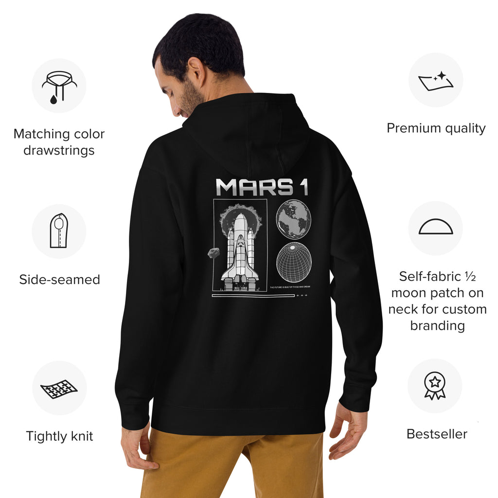  Model wearing a black hoodie with 'MARS 1' text above space shuttle and planet graphic on the back.