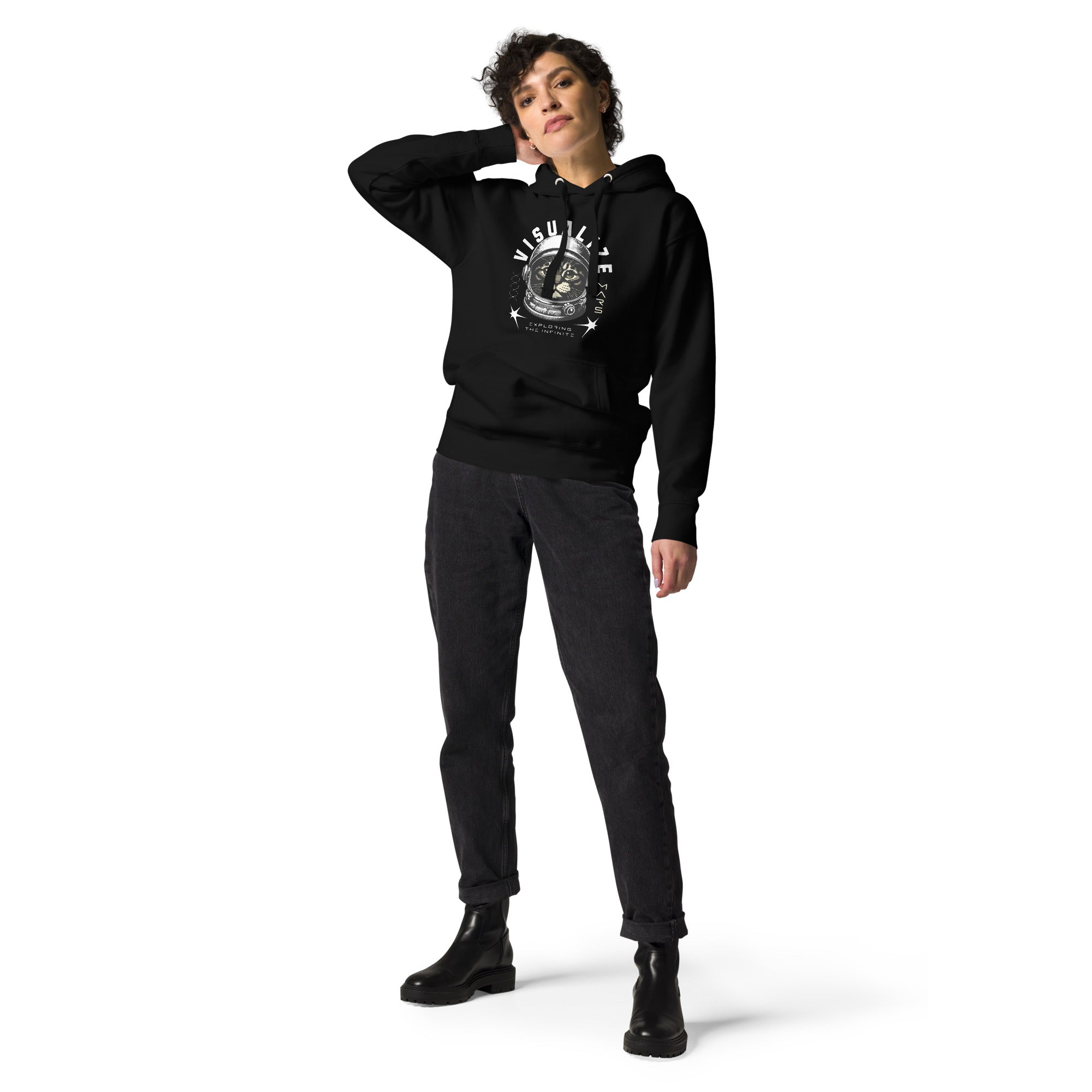 A female model wears a black hoodie featuring a graphic of a cat wearing a space helmet. The text above the graphic reads, "VISUALIZE MARS," with the sub-text, "EXPLORE THE INFINITE.