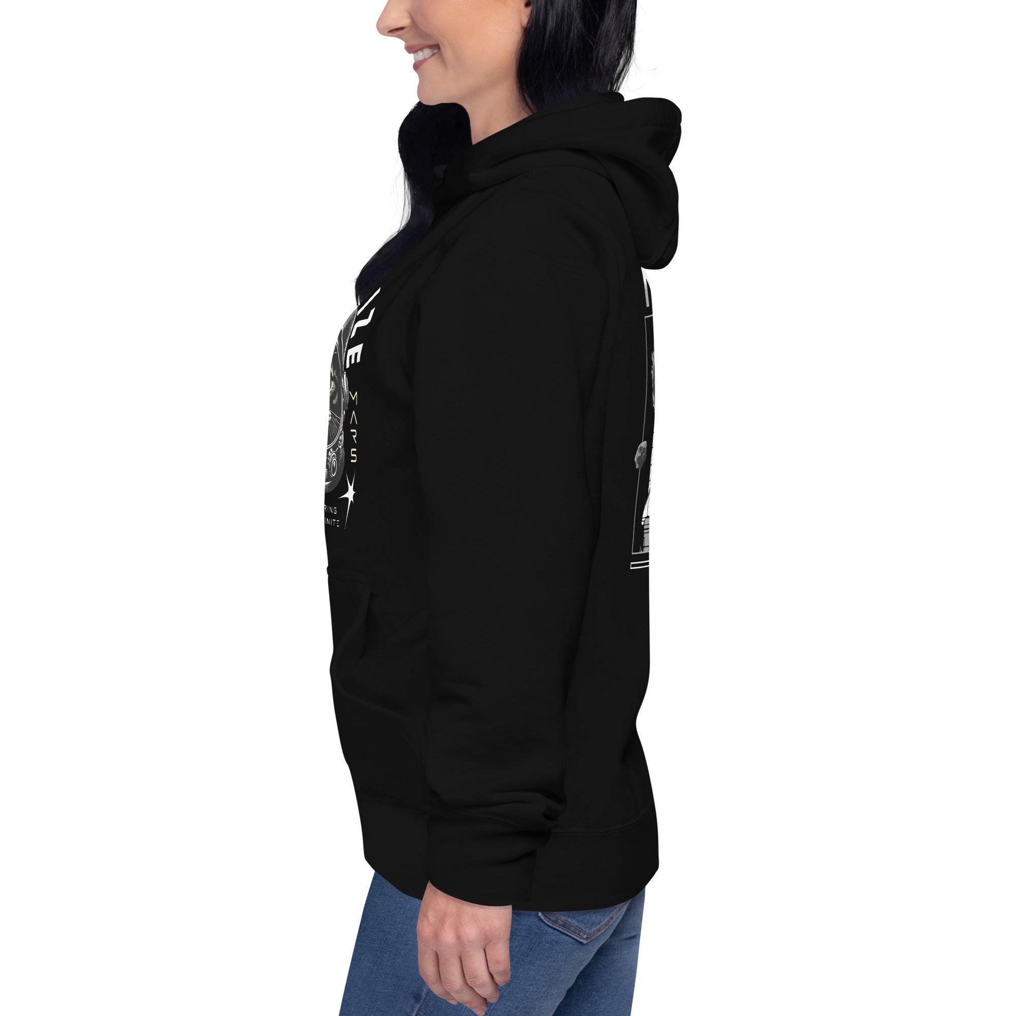 Sideview of a model wearing a black hoodie