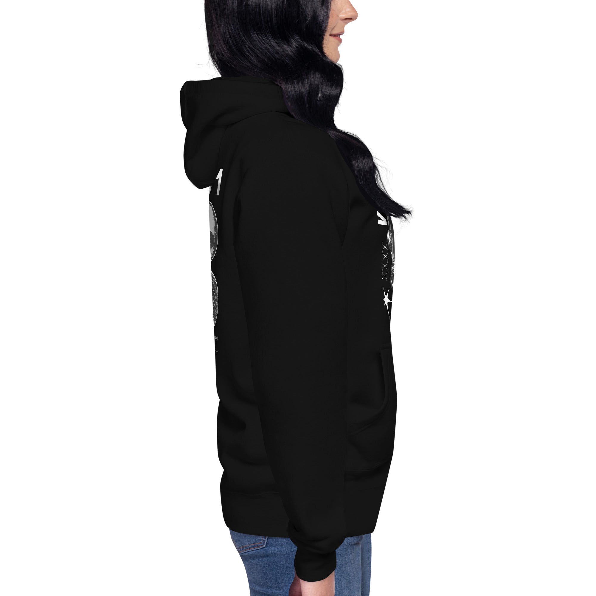 Sideview of a model wearing a black hoodie