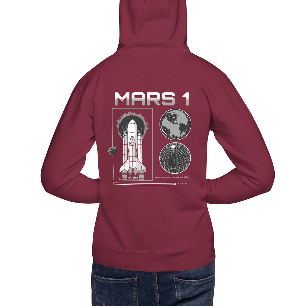  Model wearing a maroon hoodie with 'MARS 1' text above space shuttle and planet graphic on the back.