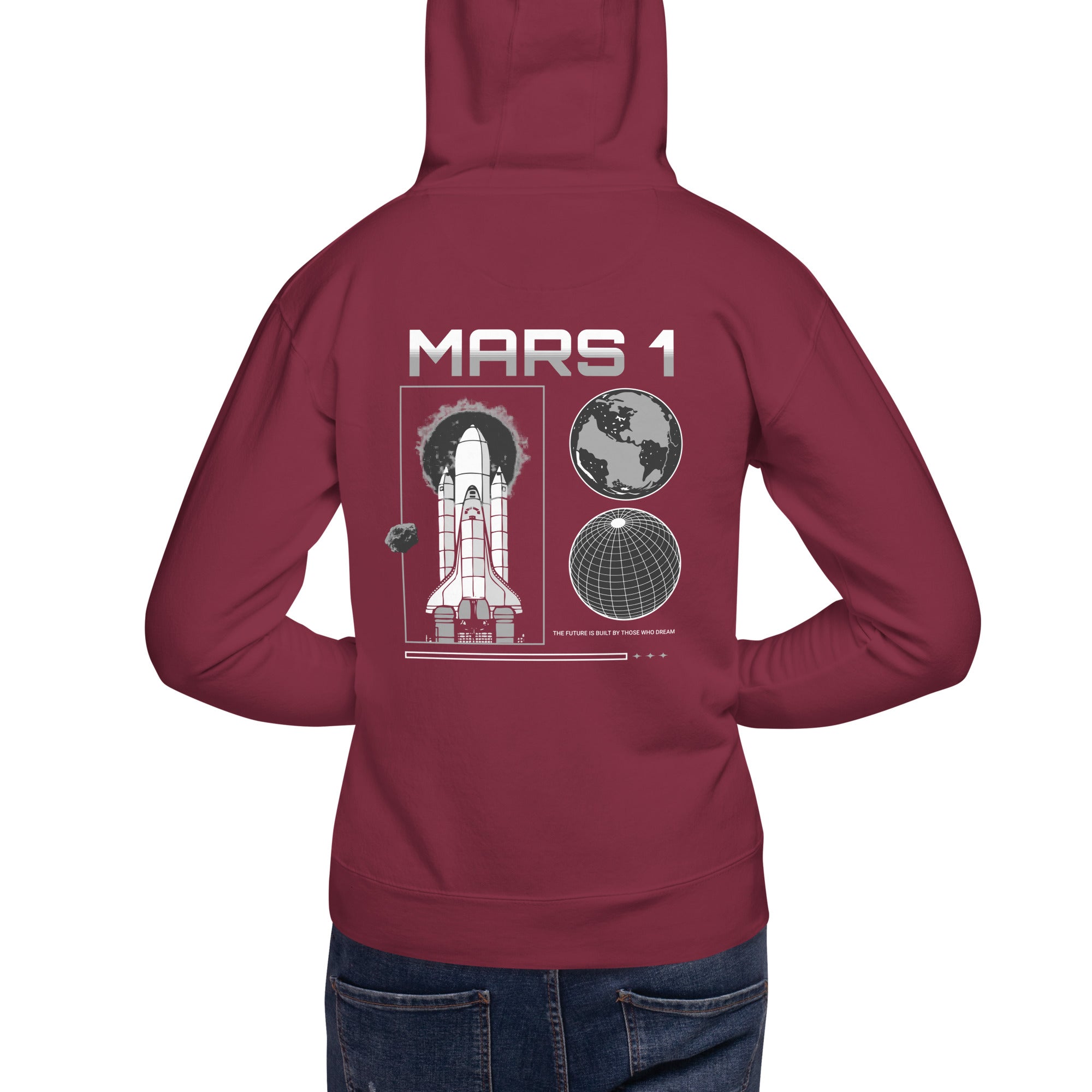  Model wearing a maroon hoodie with 'MARS 1' text above space shuttle and planet graphic on the back.