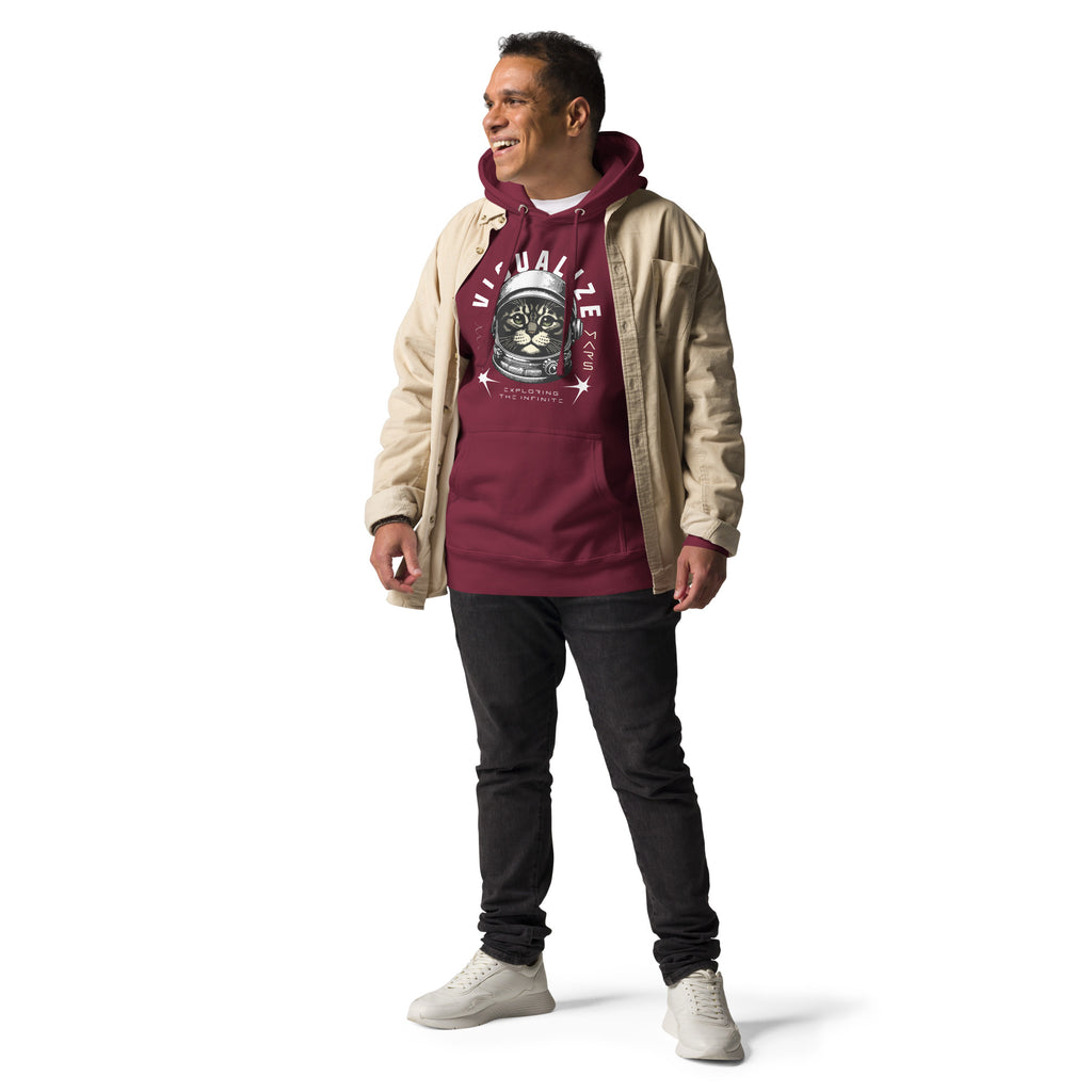 A male model wears a maroon hoodie featuring a graphic of a cat wearing a space helmet. The text above the graphic reads, "VISUALIZE MARS," with the sub-text, "EXPLORE THE INFINITE.