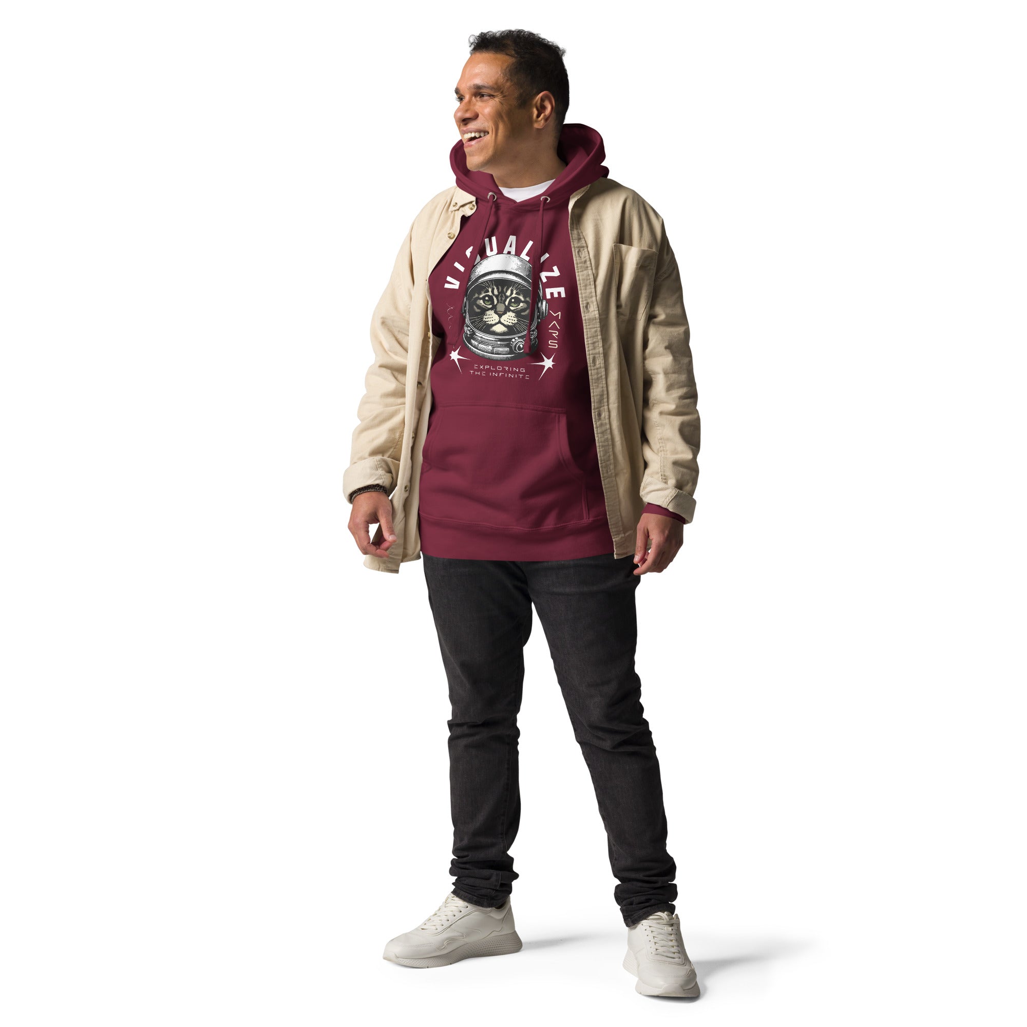 A male model wears a maroon hoodie featuring a graphic of a cat wearing a space helmet. The text above the graphic reads, "VISUALIZE MARS," with the sub-text, "EXPLORE THE INFINITE.