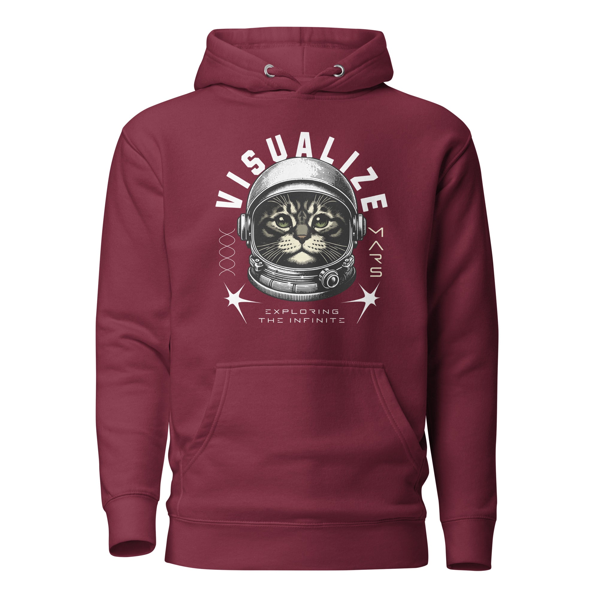 Front  view of a maroon hoodie with a graphic of a cat wearing a space helmet. The text above the graphic reads, "VISUALIZE MARS," with the sub-text, "EXPLORE THE INFINITE.