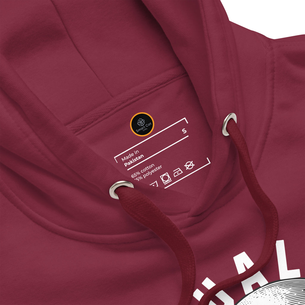 Maroon hoodie with a neck label featuring the Smart Cat Gifts logo.