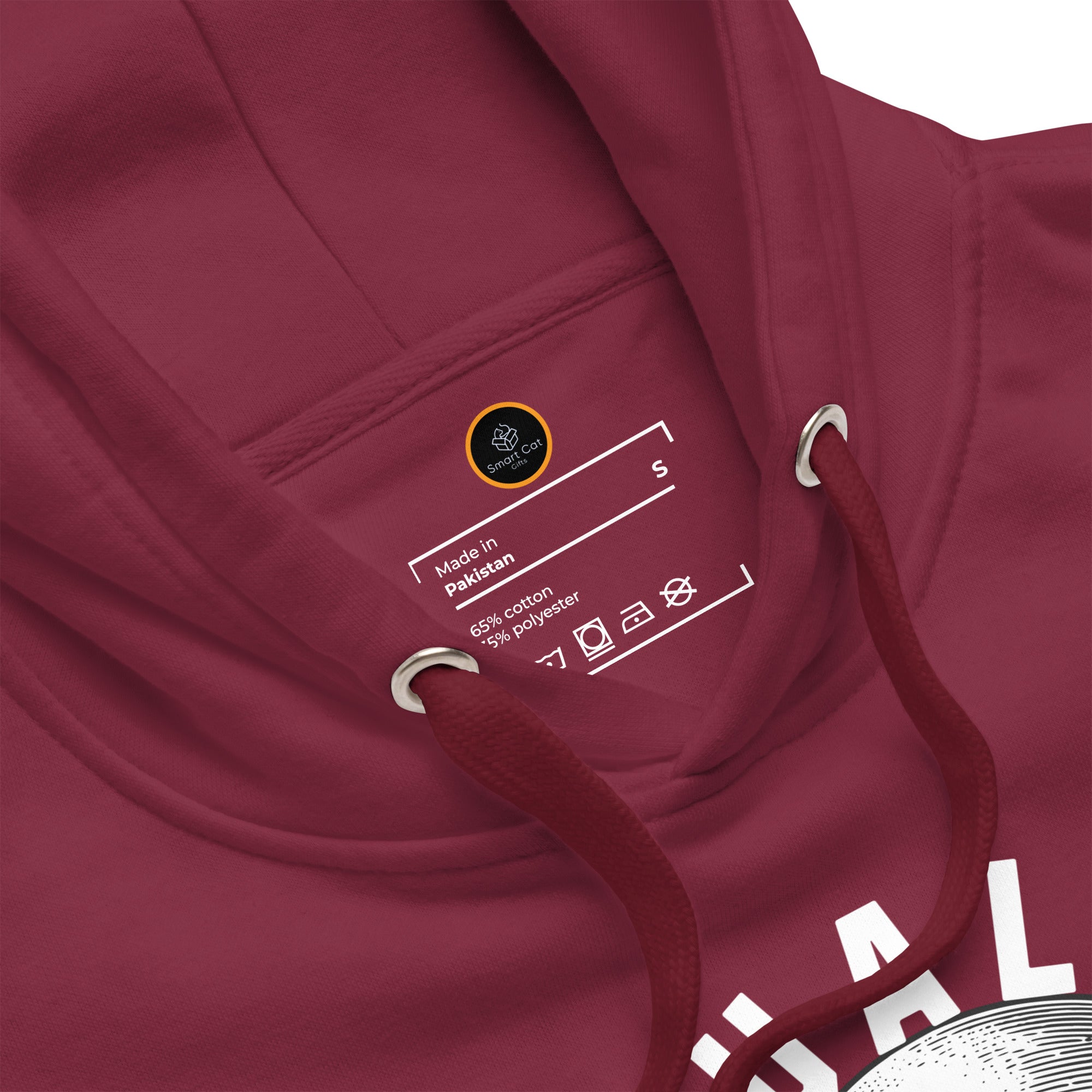 Maroon hoodie with a neck label featuring the Smart Cat Gifts logo.