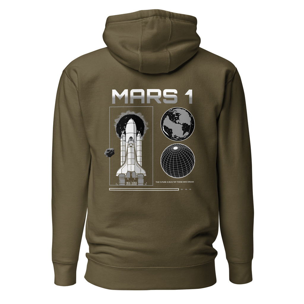 Back view of an olive hoodie with 'MARS 1' text above space shuttle and planet graphic.