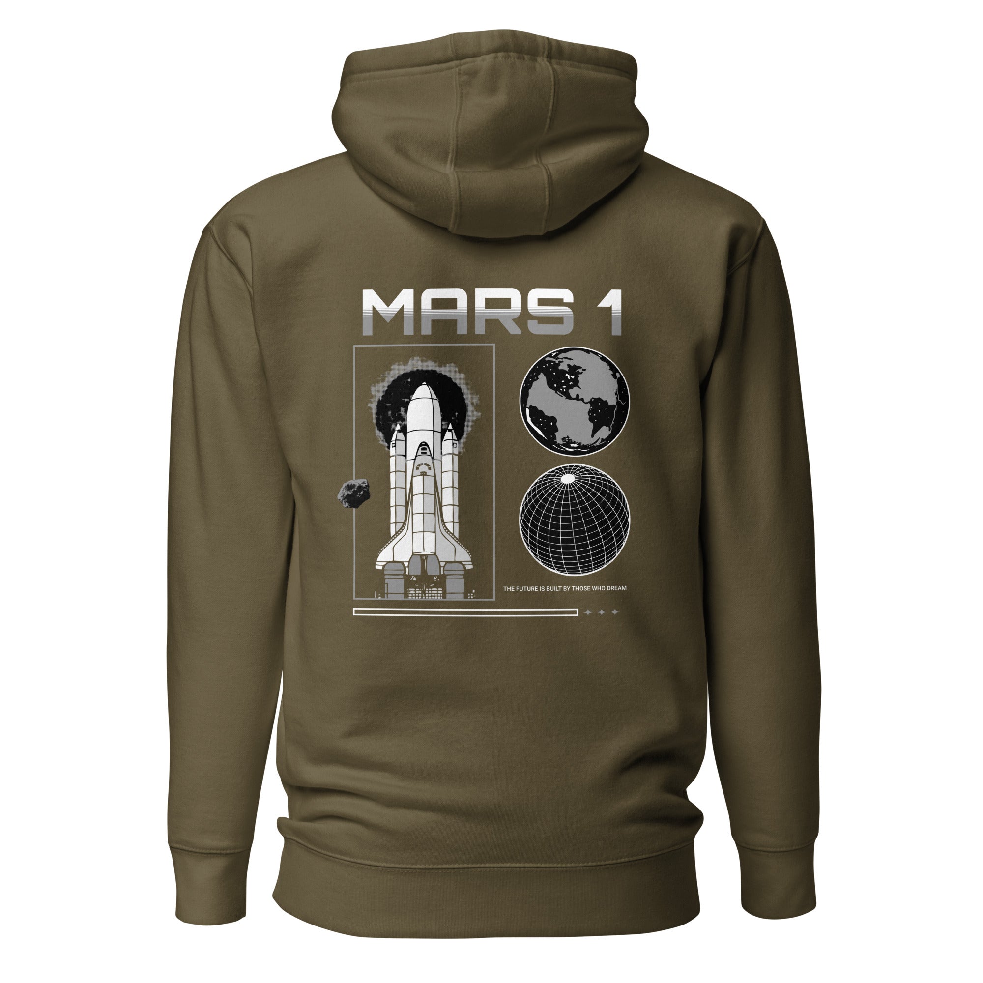 Back view of an olive hoodie with 'MARS 1' text above space shuttle and planet graphic.