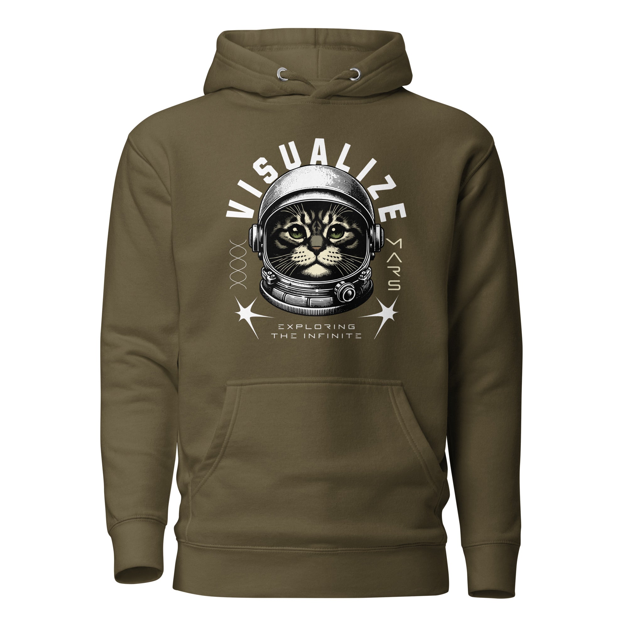 Front  view of an olive hoodie with a graphic of a cat wearing a space helmet. The text above the graphic reads, "VISUALIZE MARS," with the sub-text, "EXPLORE THE INFINITE.