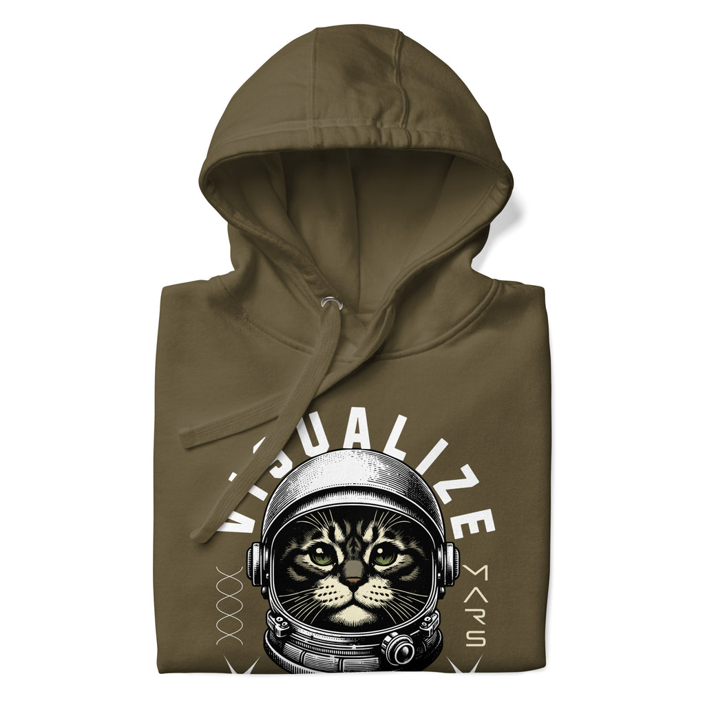 Front  view of an olive hoodie with a graphic of a cat wearing a space helmet. The text above the graphic reads, "VISUALIZE MARS," with the sub-text, "EXPLORE THE INFINITE.