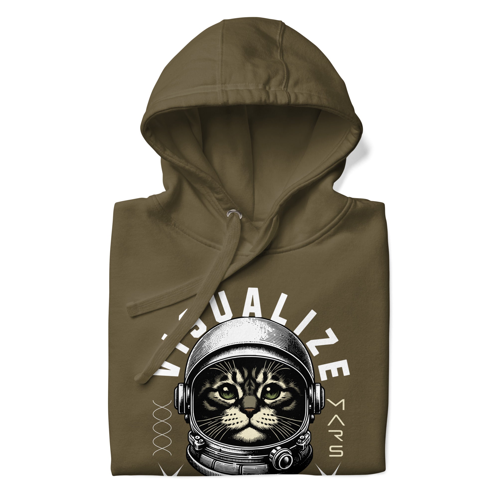 Front  view of an olive hoodie with a graphic of a cat wearing a space helmet. The text above the graphic reads, "VISUALIZE MARS," with the sub-text, "EXPLORE THE INFINITE.