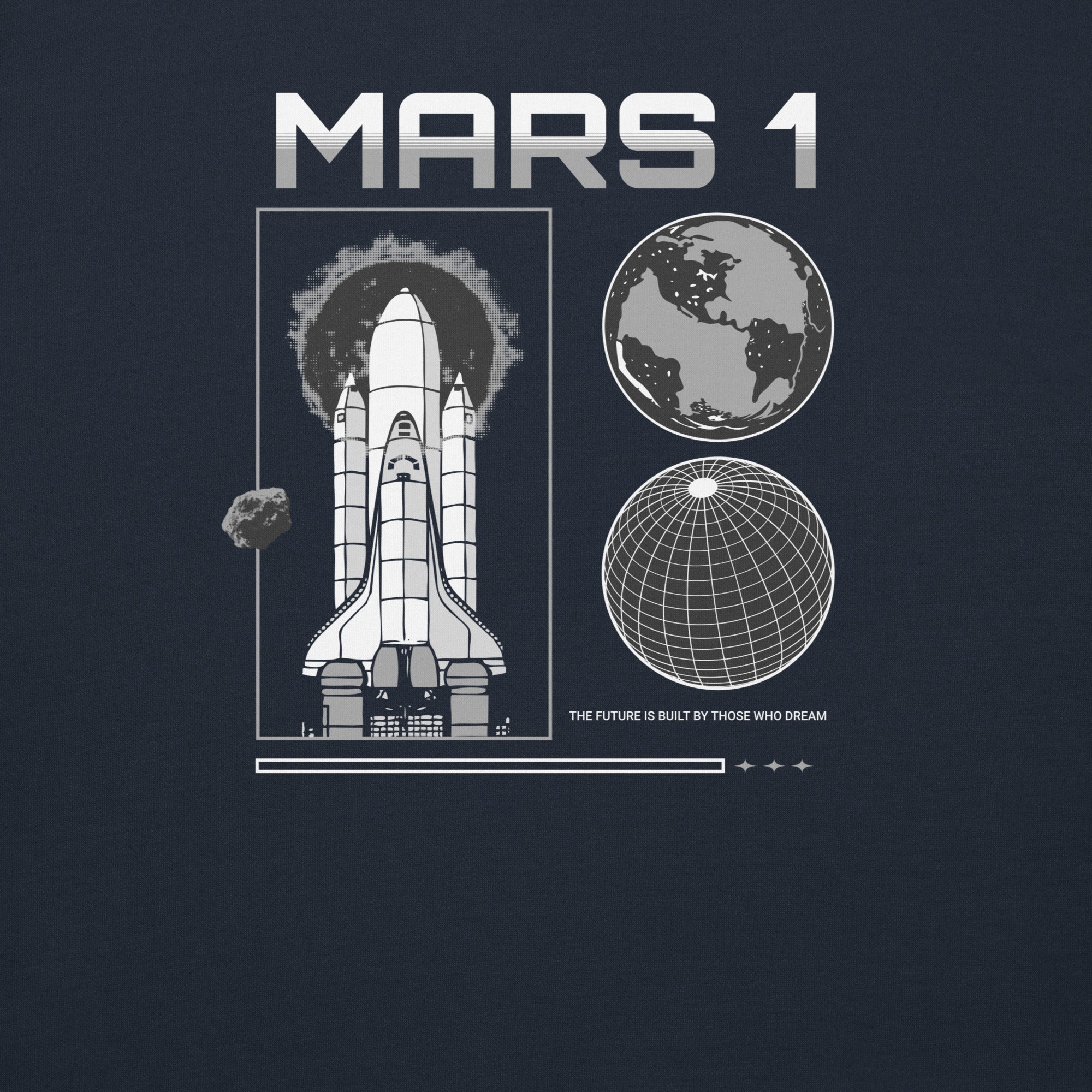Back view design with 'MARS 1' text above space shuttle and planet graphic.
