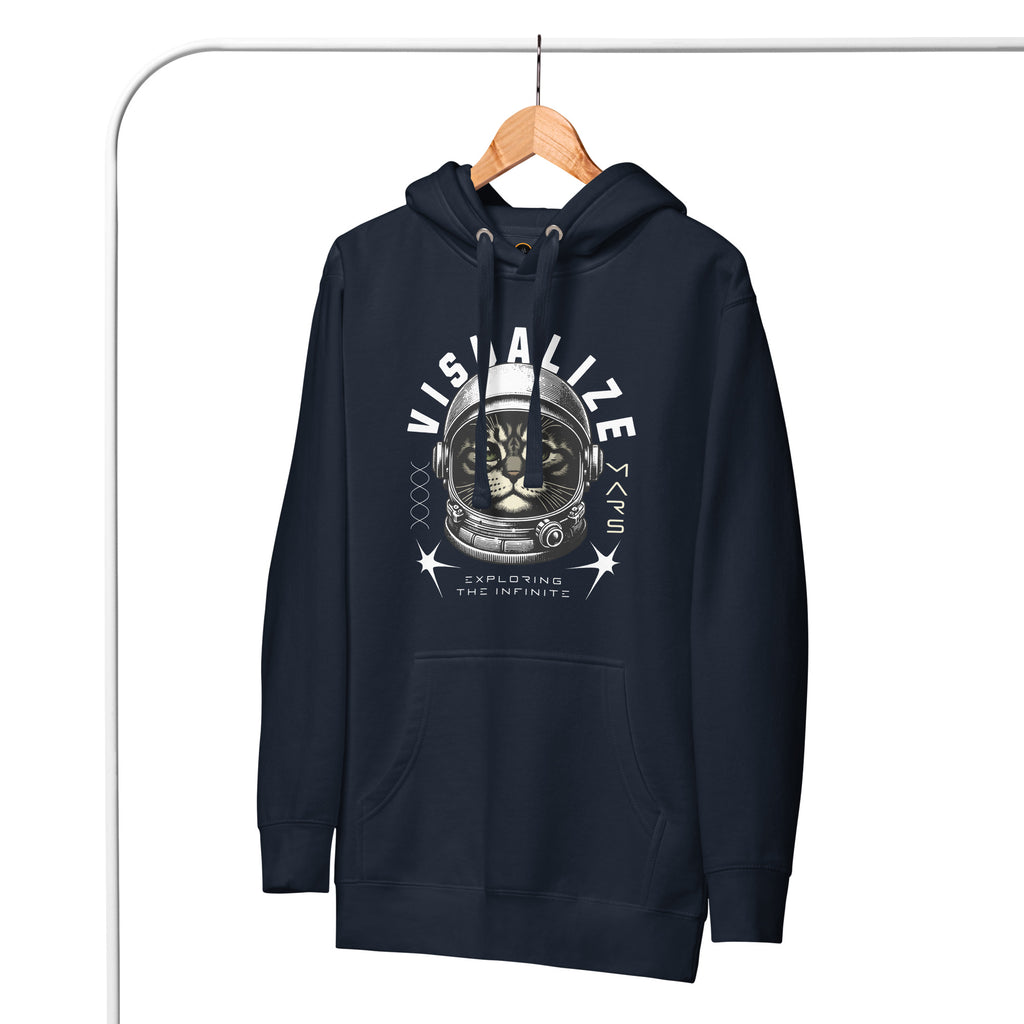 Navy blue hoodie featuring a graphic of a cat wearing a space helmet. The text above the graphic reads, "VISUALIZE MARS," with the sub-text, "EXPLORE THE INFINITE.