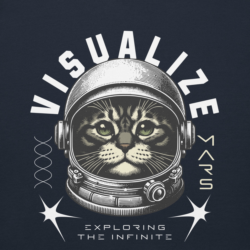 Front  view design of a navy blue hoodie with a graphic of a cat wearing a space helmet. The text above the graphic reads, "VISUALIZE MARS," with the sub-text, "EXPLORE THE INFINITE.