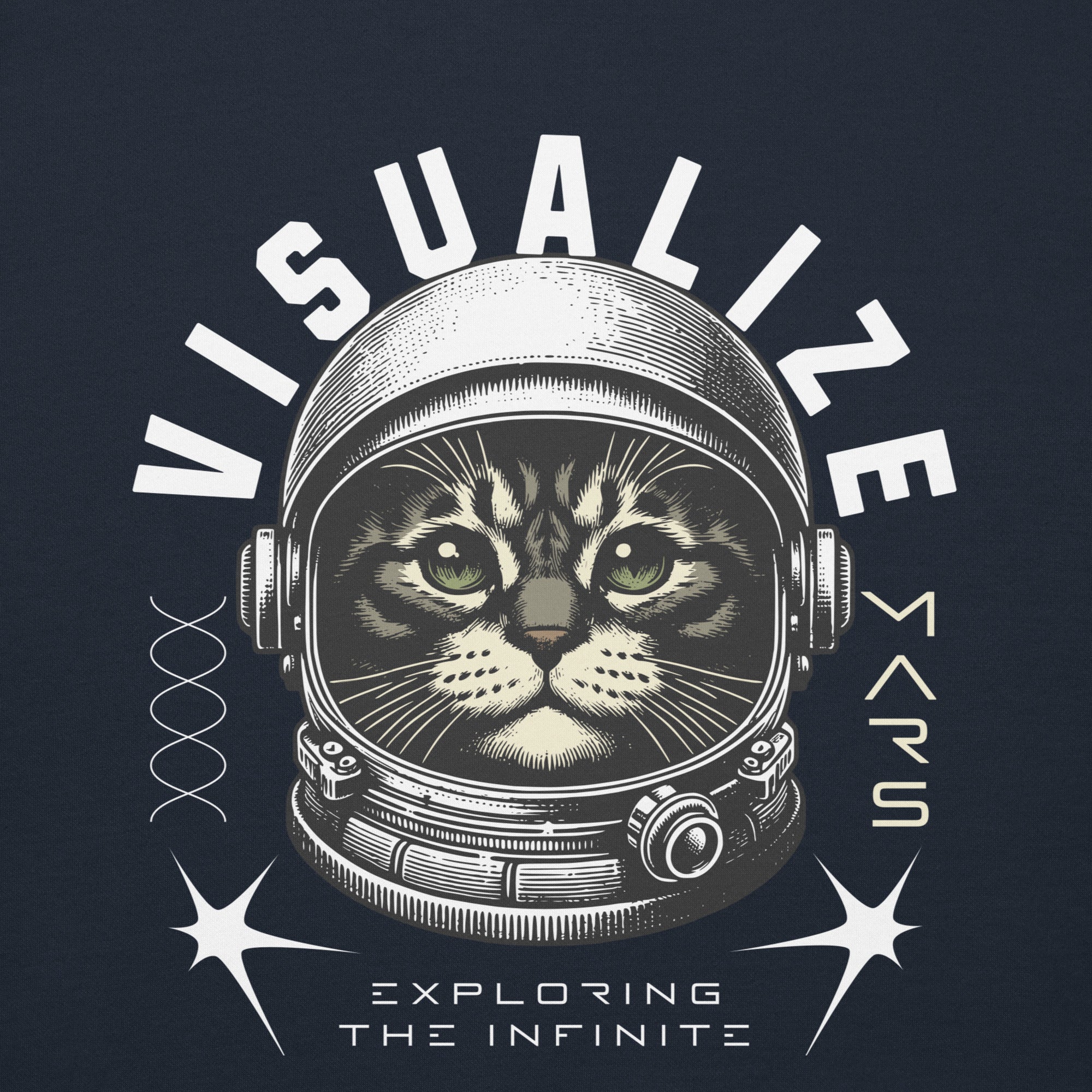 Front  view design of a navy blue hoodie with a graphic of a cat wearing a space helmet. The text above the graphic reads, "VISUALIZE MARS," with the sub-text, "EXPLORE THE INFINITE.