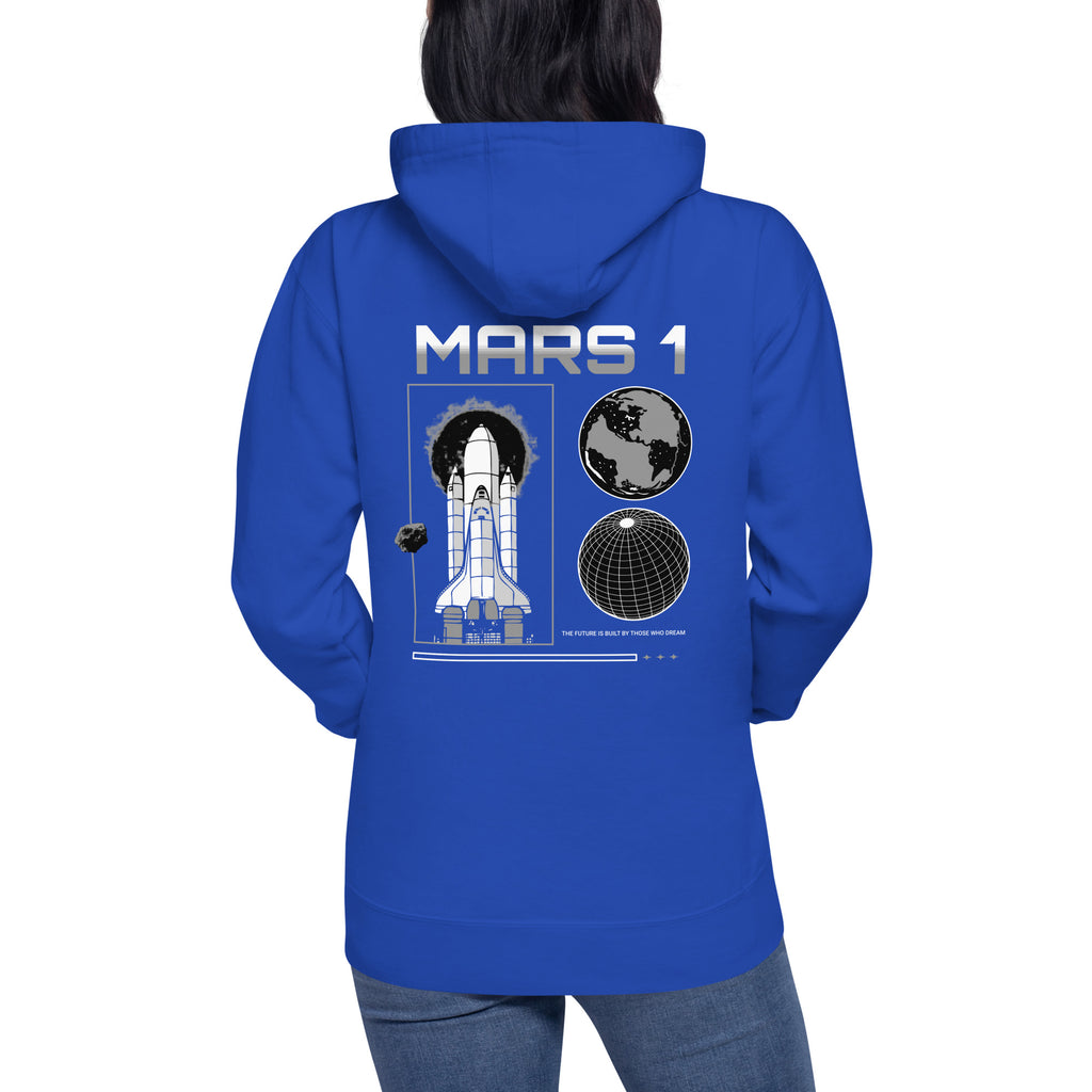  Model wearing a royal blue hoodie with 'MARS 1' text above space shuttle and planet graphic on the back.