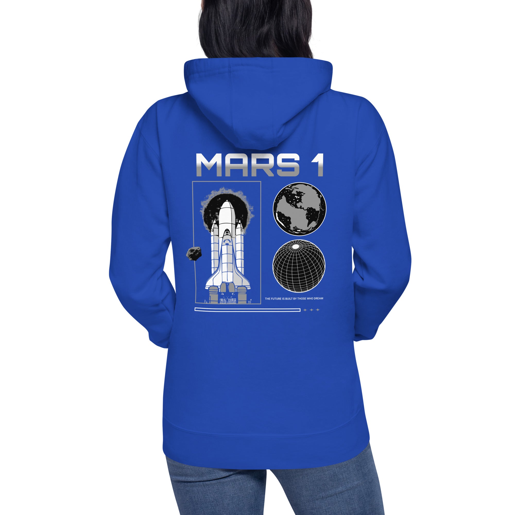  Model wearing a royal blue hoodie with 'MARS 1' text above space shuttle and planet graphic on the back.