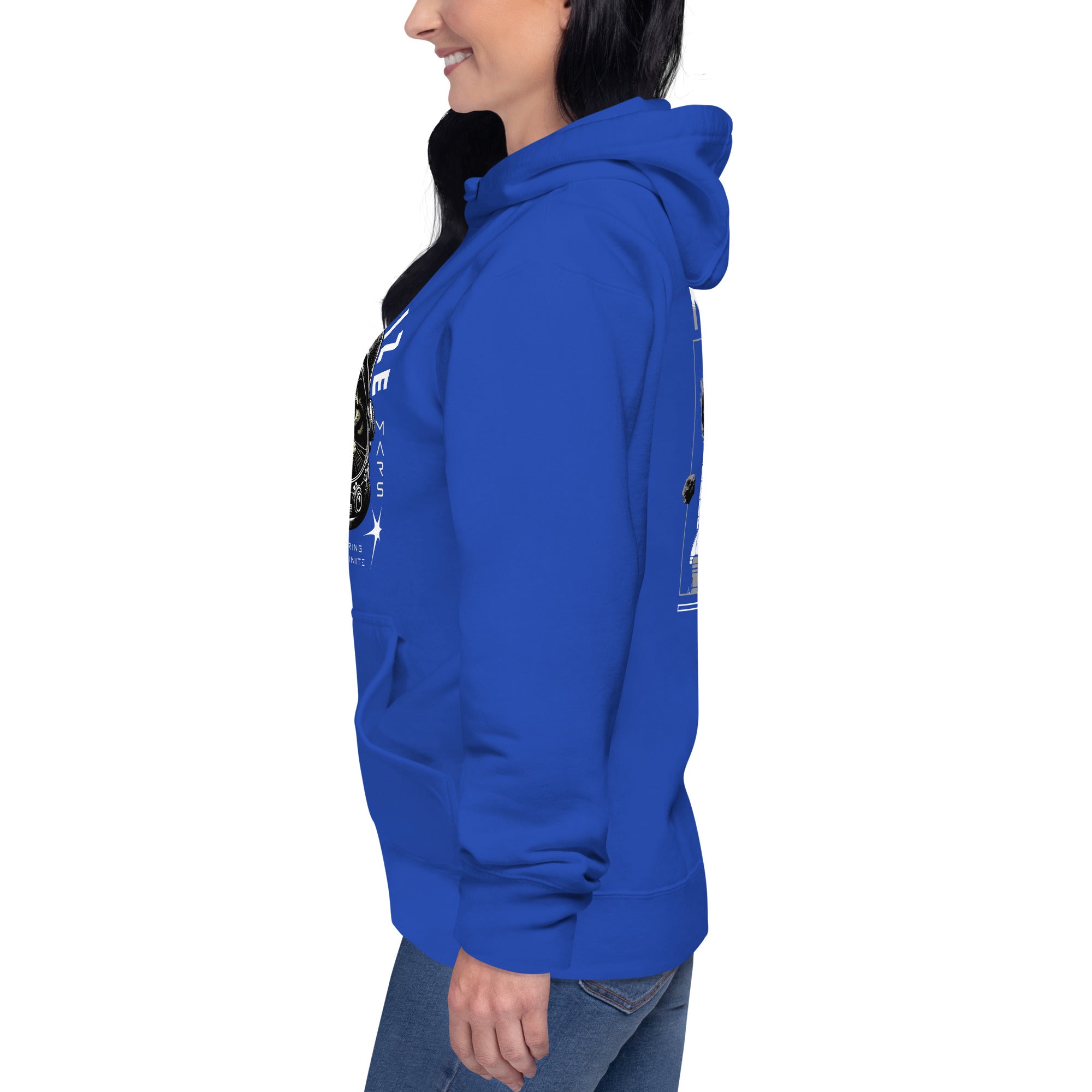 Sideview of a model wearing a royal blue hoodie