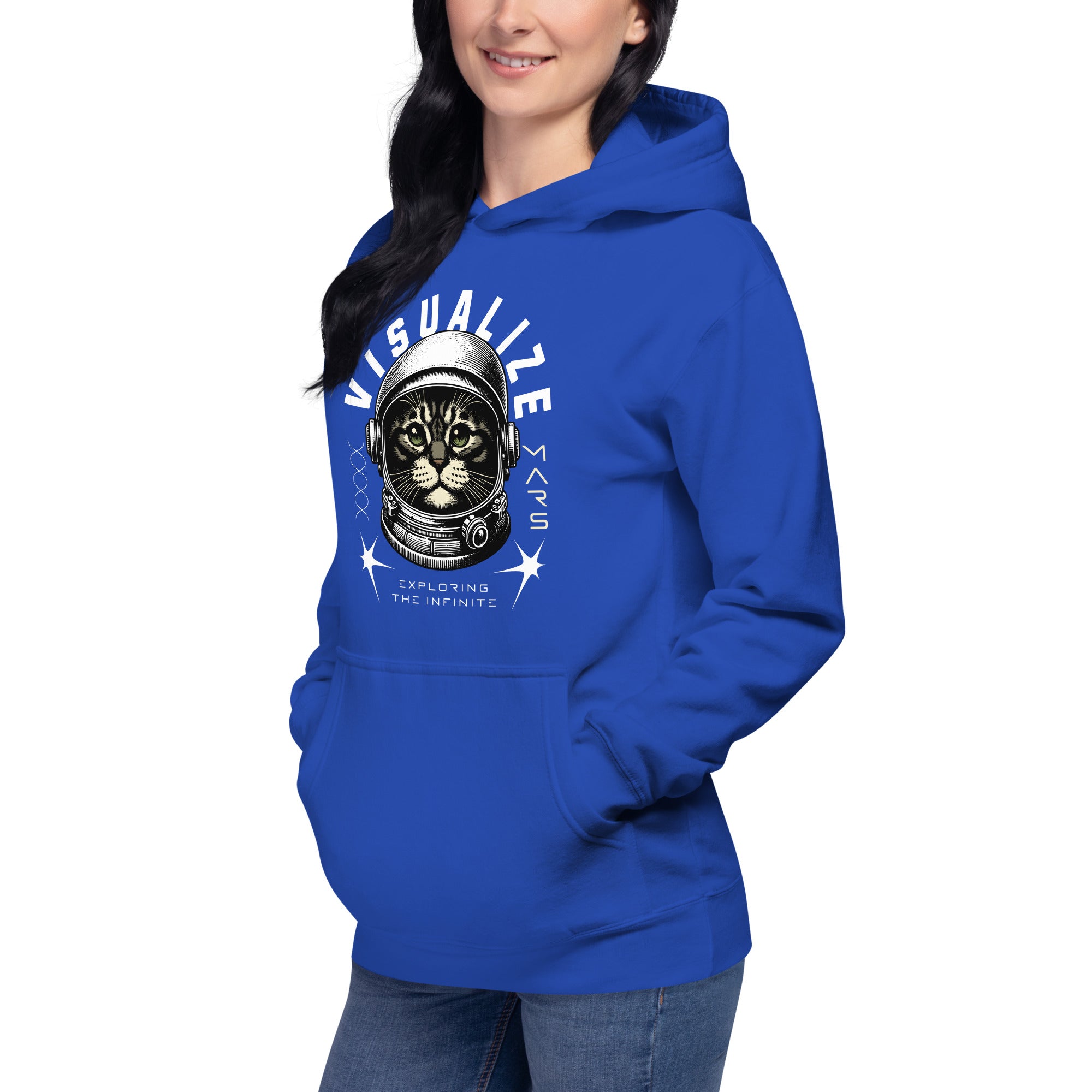 A female model wears a royal blue hoodie featuring a graphic of a cat wearing a space helmet. The text above the graphic reads, "VISUALIZE MARS," with the sub-text, "EXPLORE THE INFINITE.