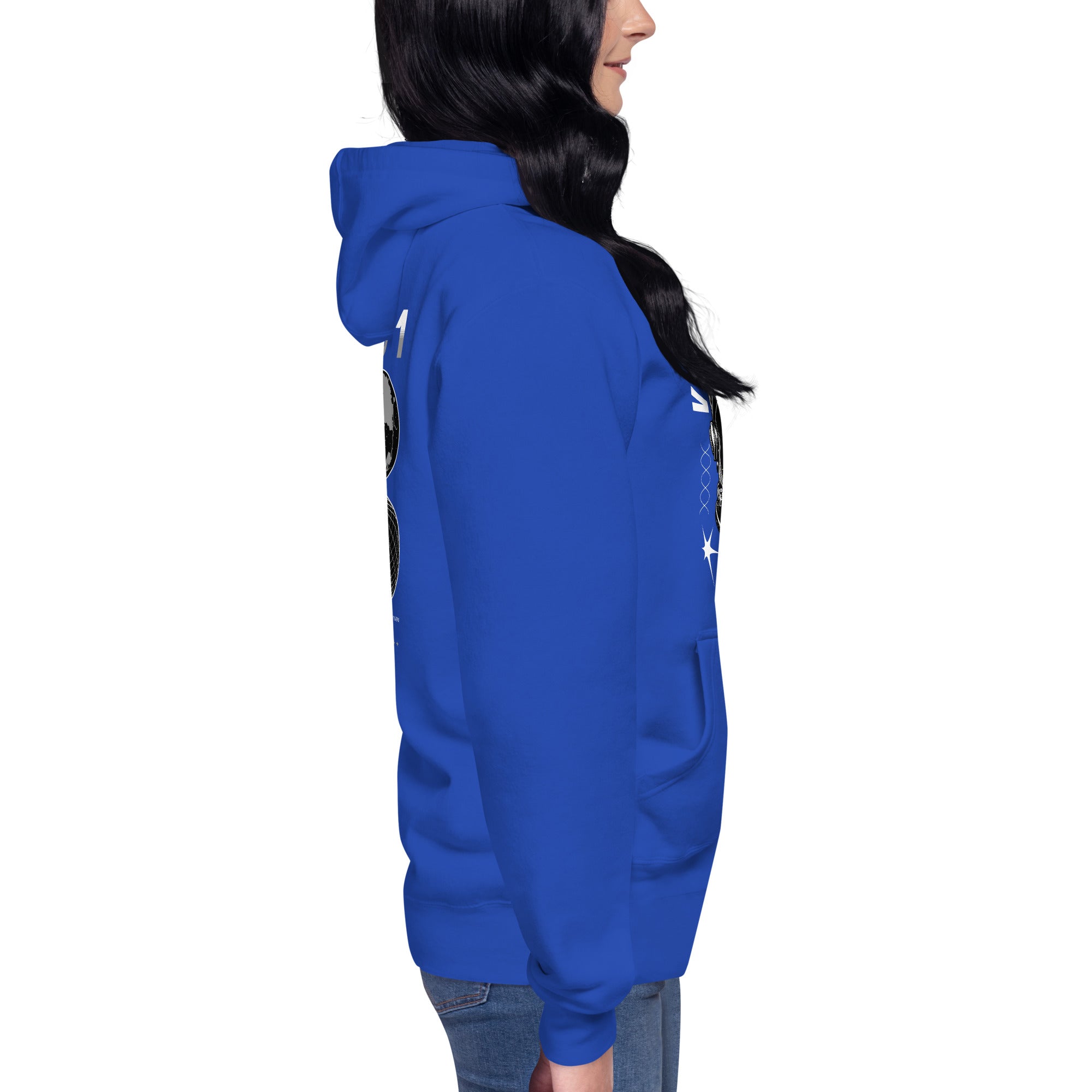 Sideview of a model wearing a royal blue hoodie