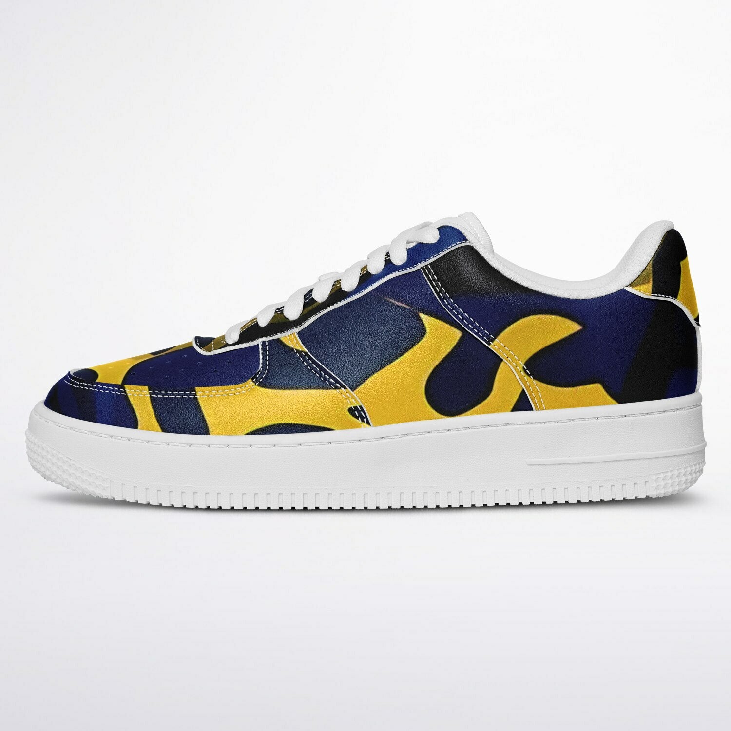 Vibrant Leopard Sneakers, low top sneakers with bold blue and yellow leopard pattern, on someone's feet.