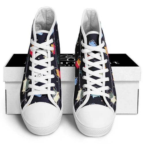 Astro Kitty sneakers: dark blue background with floating cartoon cats in space helmets, crescent moons, stars, fishbones, and flowers pattern.