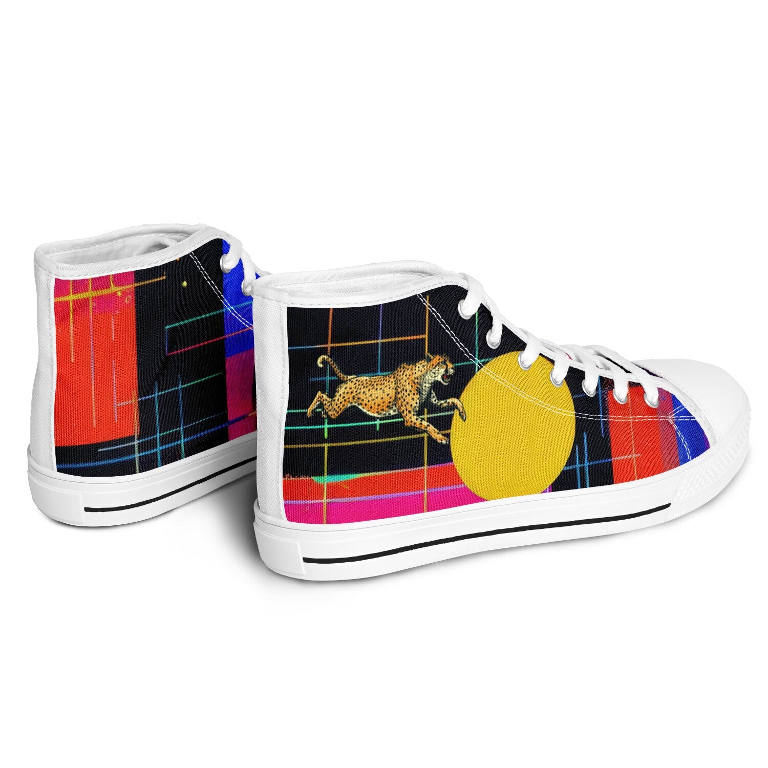 Retro Cheetah high top sneakers: cheetah in mid-run, retro all-over print on black  background with yellow, red, hot pink, blue, shapes and lines.