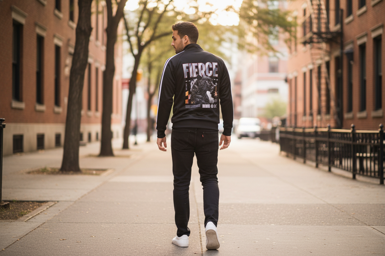 Back View Lifestyle Mockup of a man walking down the street wearing the Fierce Ones Track Jacket