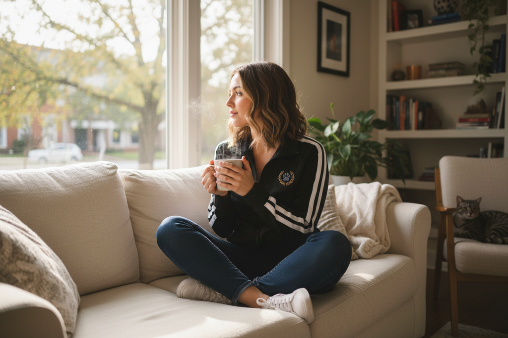 Lifestyle Mockup of a woman siting on a couch with her cat wearing the Fierce Ones Track Jacket