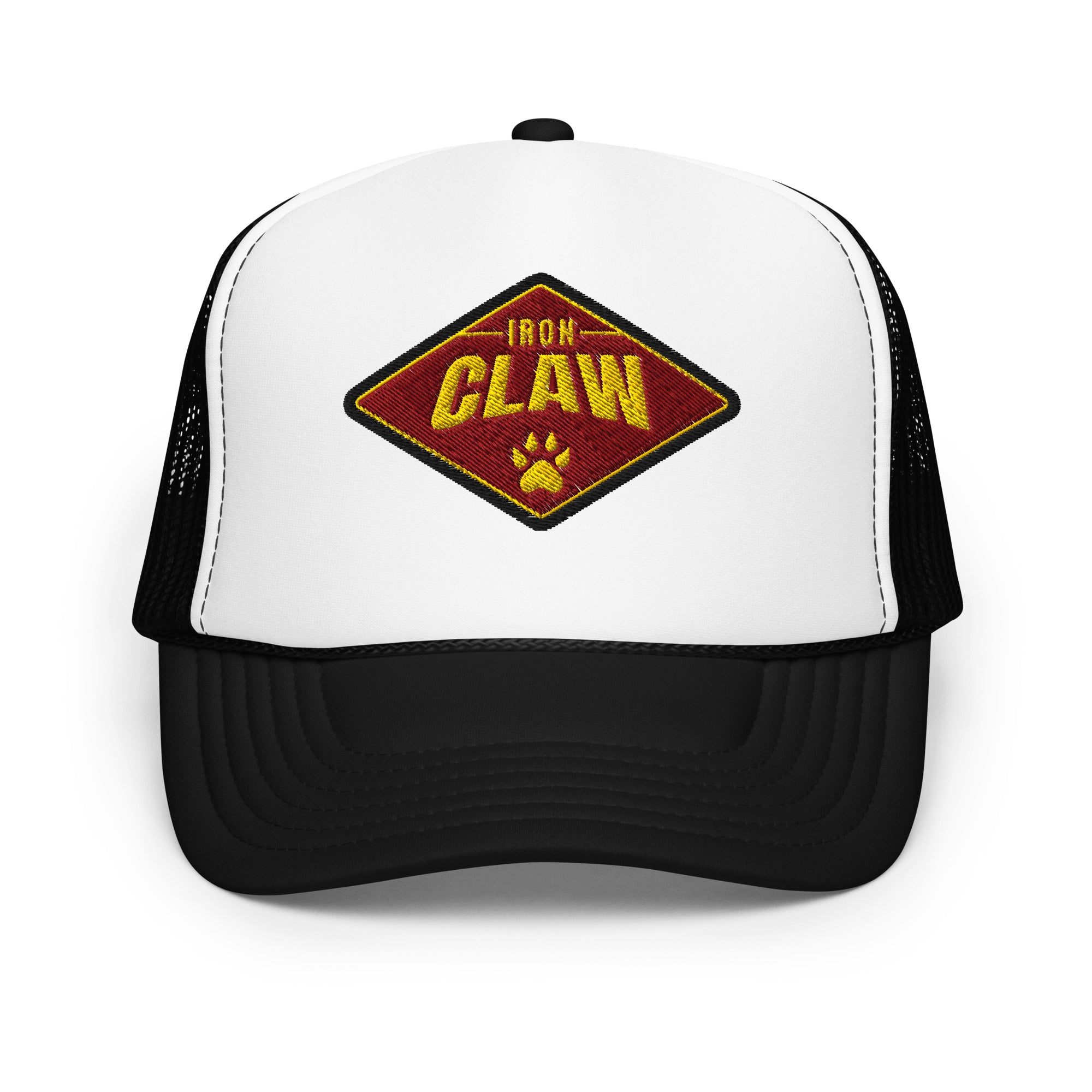 White and black Iron Claw trucker hat with diamond logo patch, front view