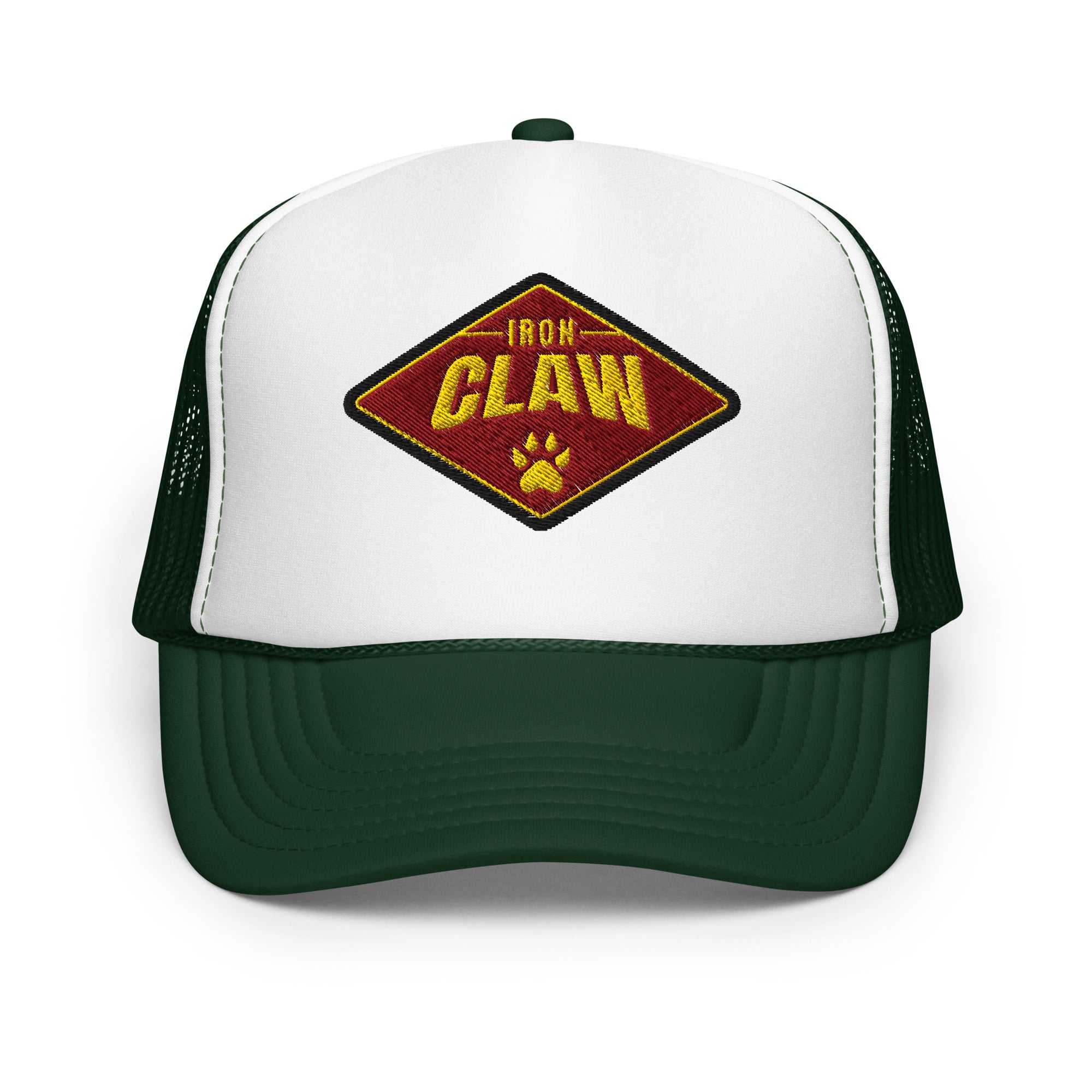 White and dark green Iron Claw trucker hat with diamond logo patch, front view