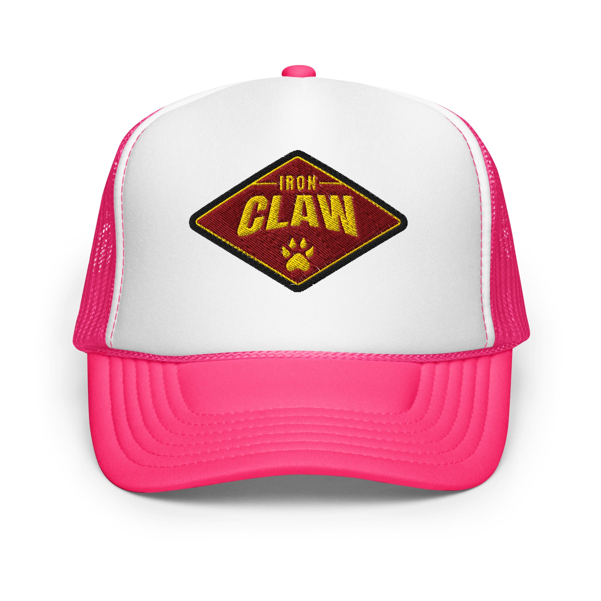 White and hot pink Iron Claw trucker hat with diamond logo patch, front view
