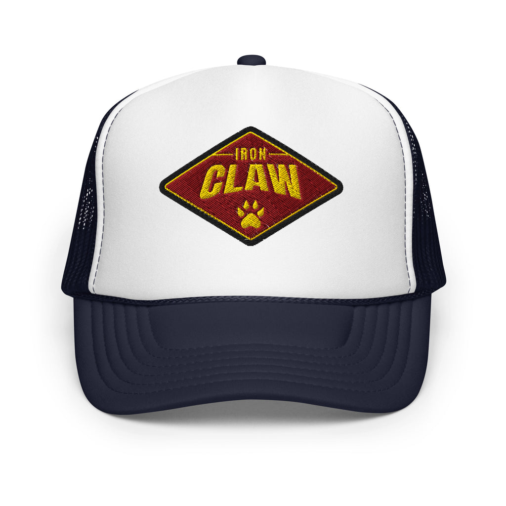 White and navy Iron Claw trucker hat with diamond logo patch, front view