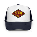 White and navy Iron Claw trucker hat with diamond logo patch, front view