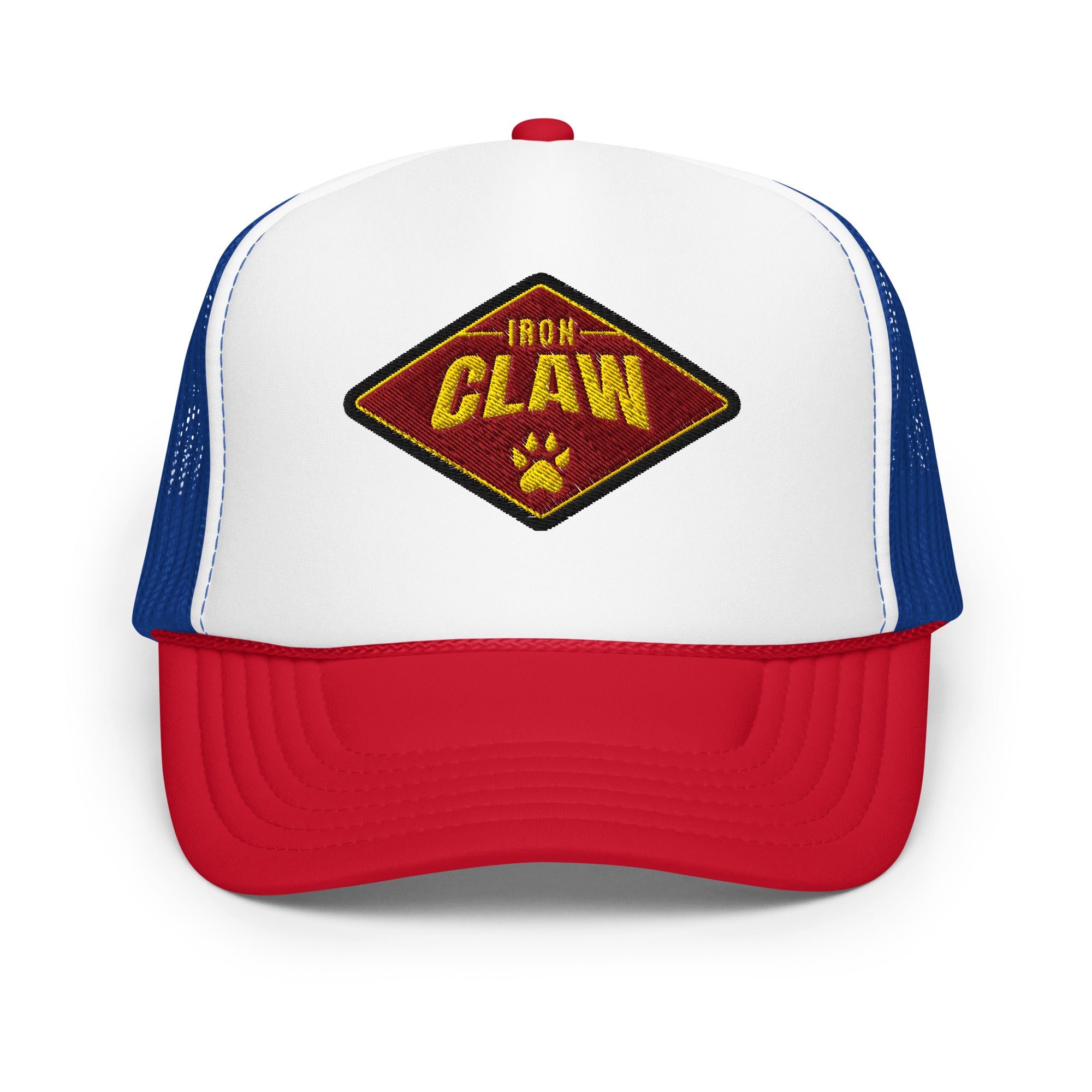 White, blue, and red Iron Claw trucker hat with diamond logo patch, front view