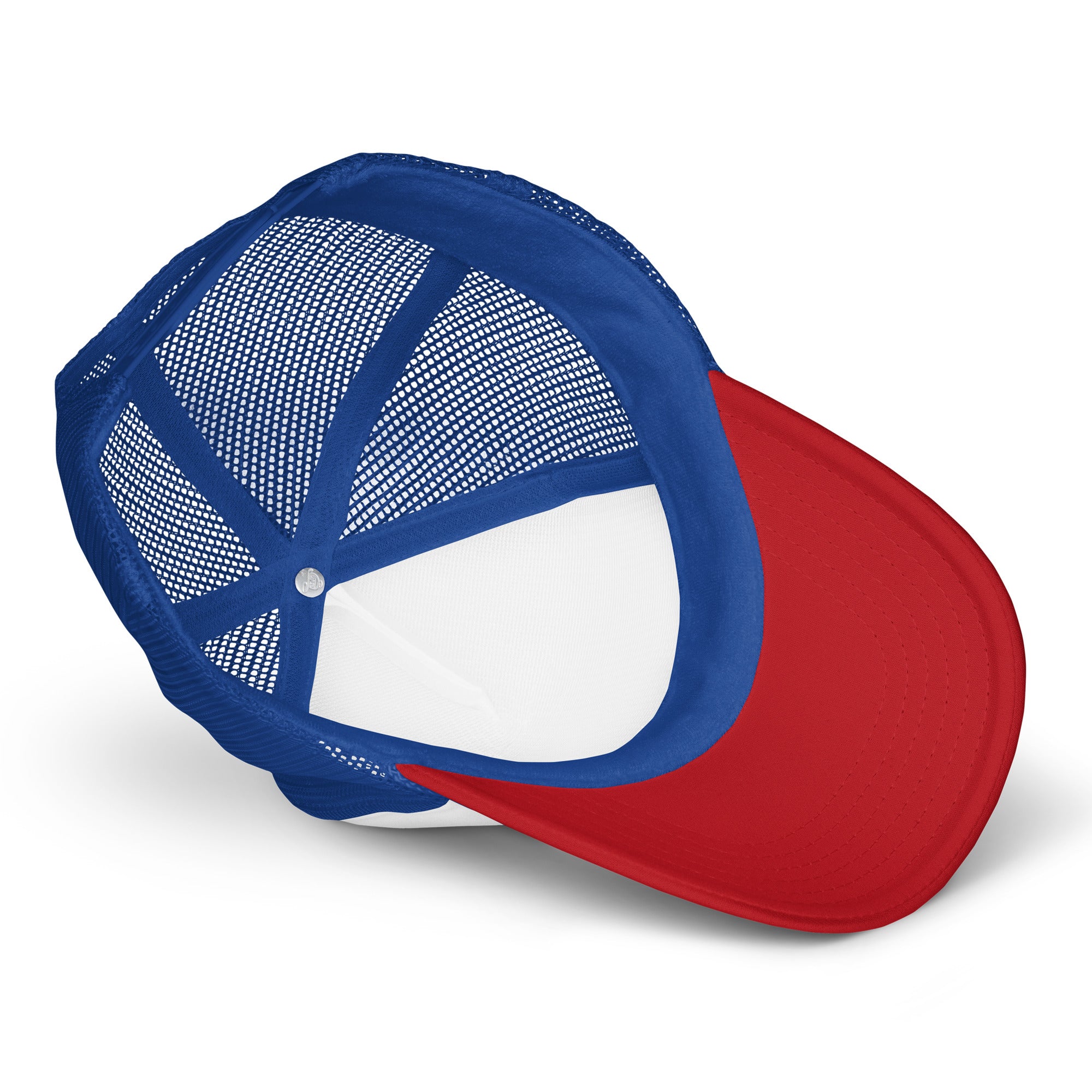 Royal blue, white and, red Iron Claw trucker hat, interior view