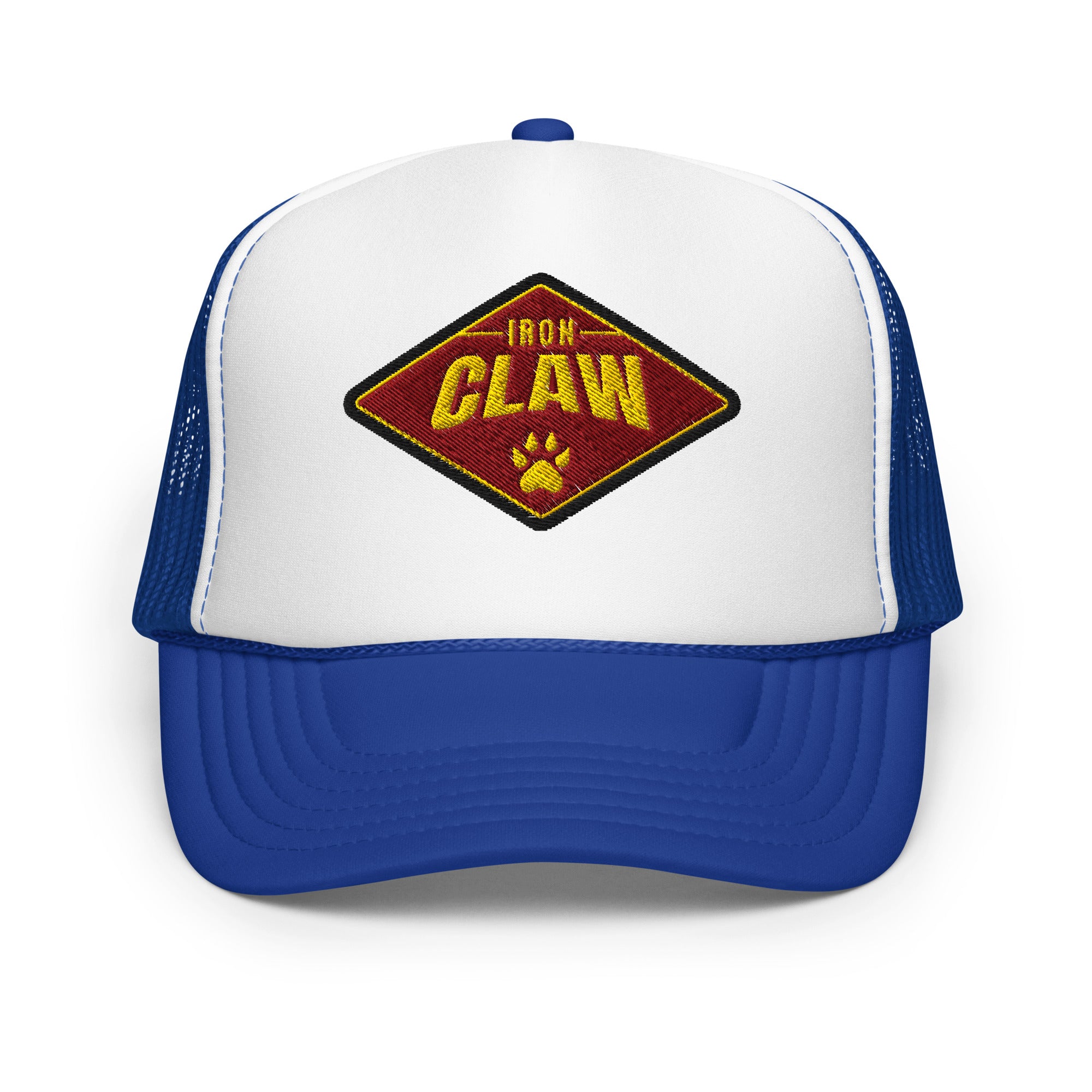 White and royal blue Iron Claw trucker hat with diamond logo patch, front view