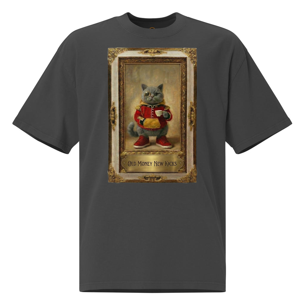 Black oversized faded tee with vintage portrait graphic, front view