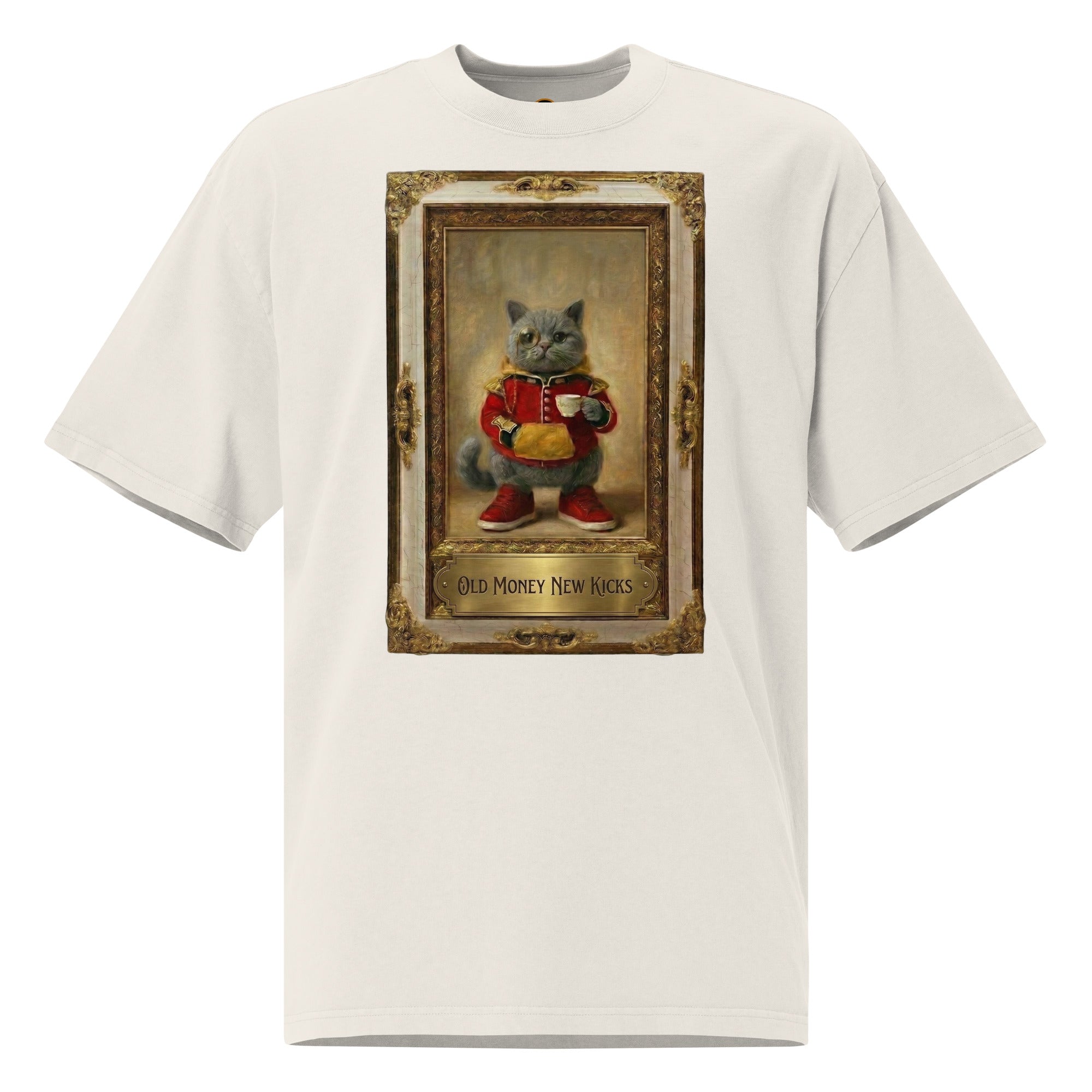 White oversized faded tee with vintage portrait graphic, front view